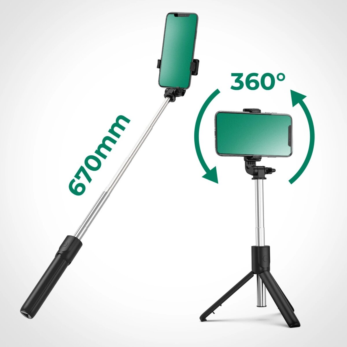 Ein Selfie-Stick mit Telefon, auch auf einem Stativ. 360-Grad-Drehung.