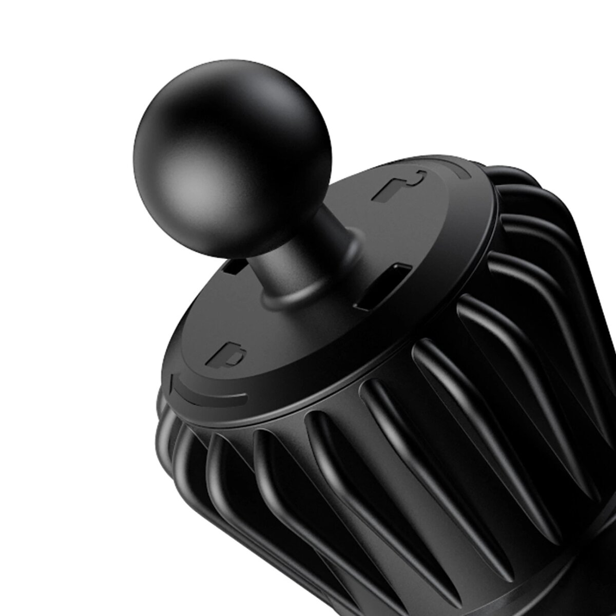 Nahaufnahme einer schwarzen Autotelefonhalterung. Sie hat ein Kugelgelenk und ein geripptes Design.