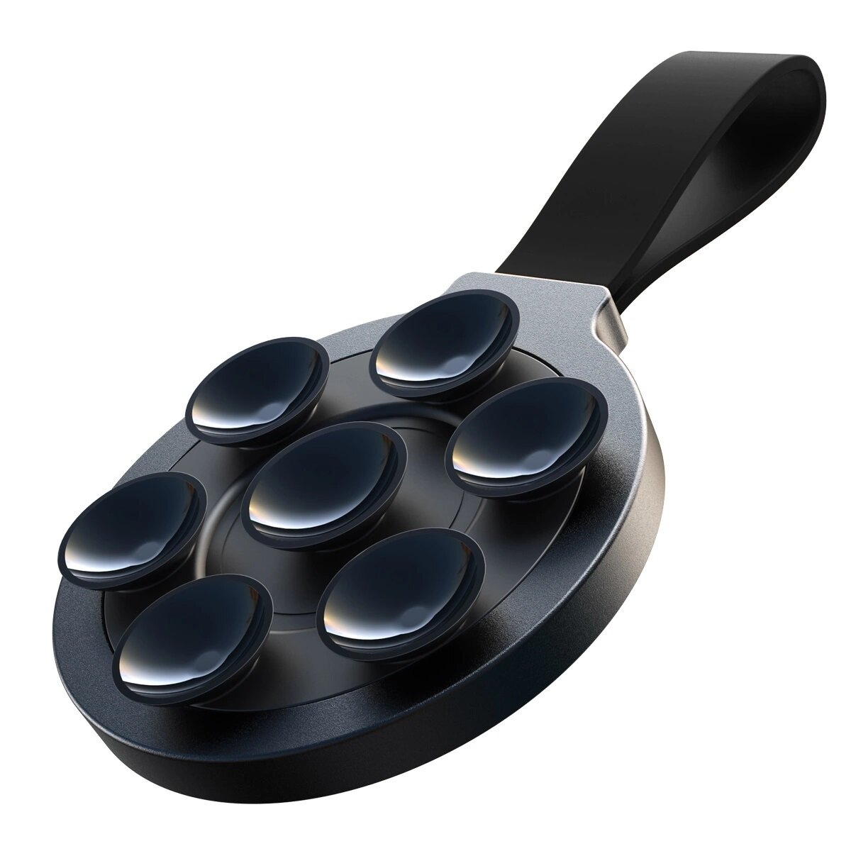 Czarny i srebrny uchwyt na telefon z przyssawkami. Ma pasek.