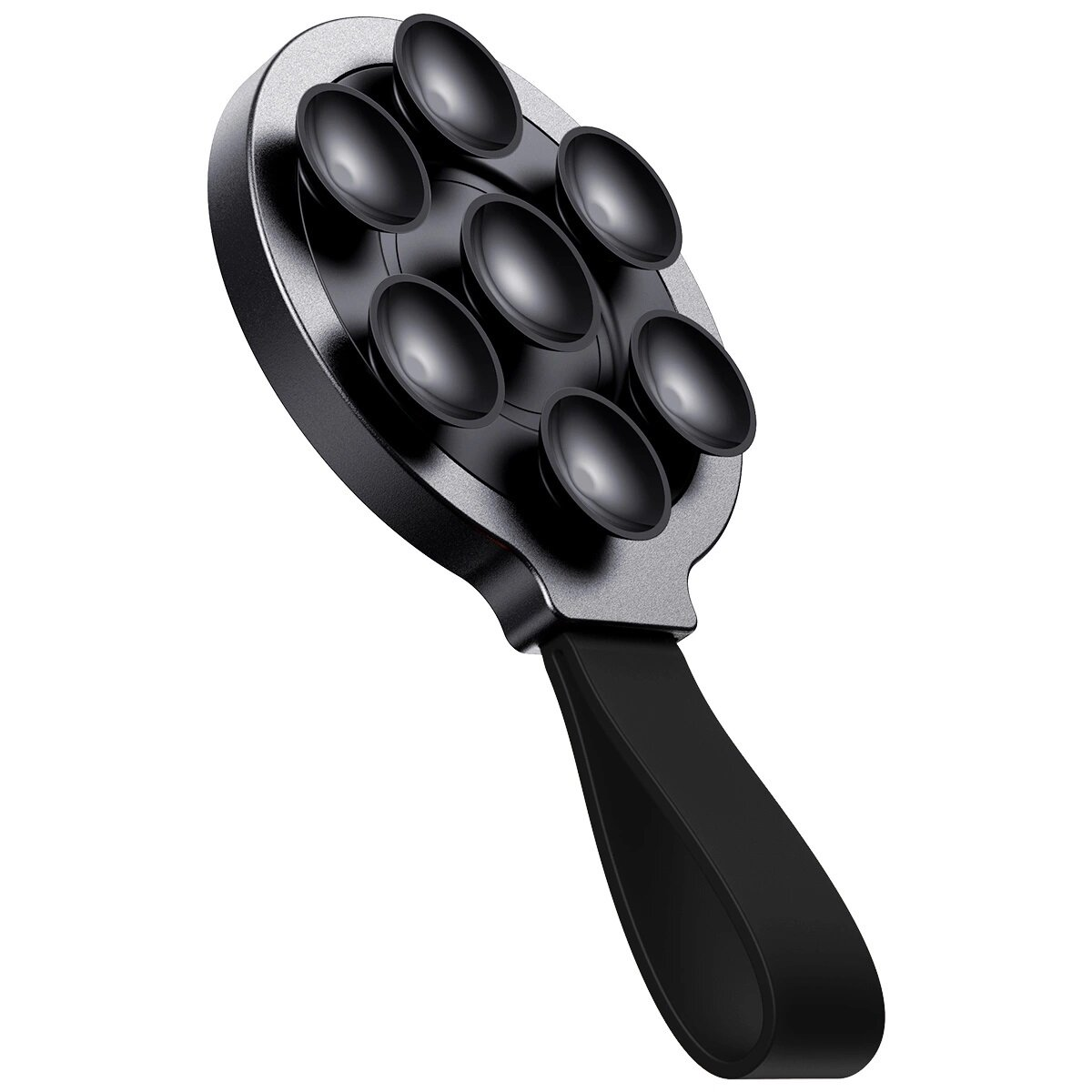 Czarny uchwyt na telefon z przyssawkami i paskiem. Uchwyt ma srebrną obwódkę. Jest do samochodu.