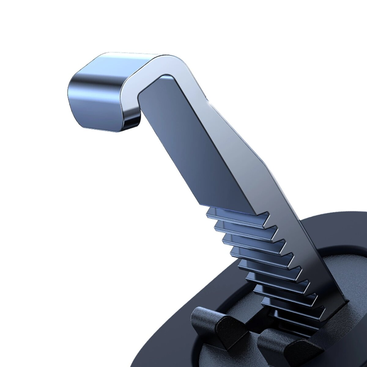 Dźwignia zmiany biegów. Srebrny metalowy uchwyt z czarną podstawą, do samochodu.