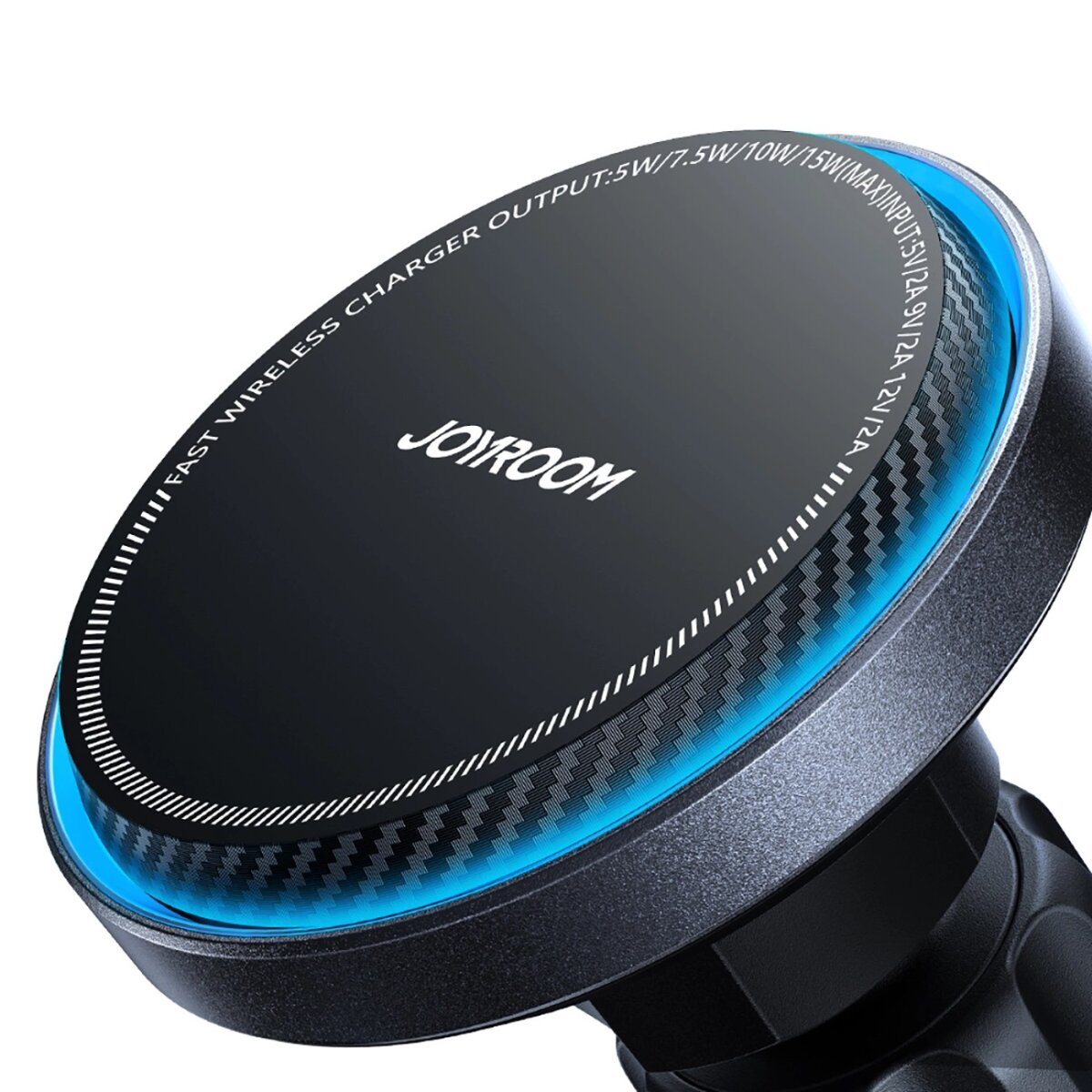 Czarna i niebieska ładowarka bezprzewodowa z nazwą marki. Ładowarka jest okrągła i ma niebieskie światło.