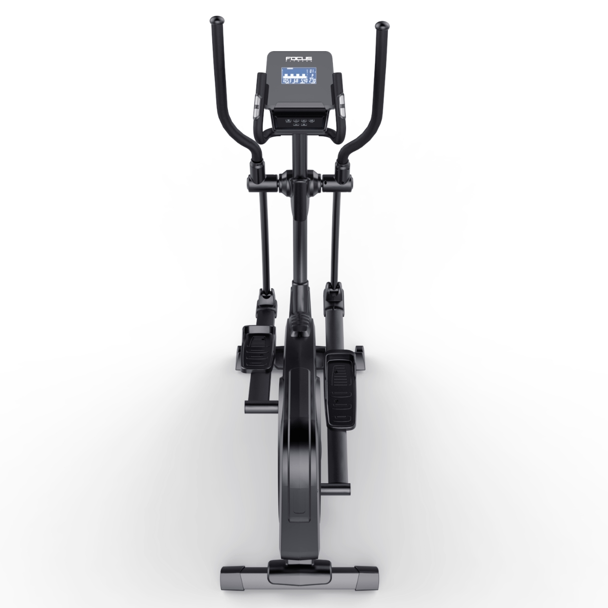 Vélo elliptique noir avec écran, poignées et repose-pieds, sur fond blanc.