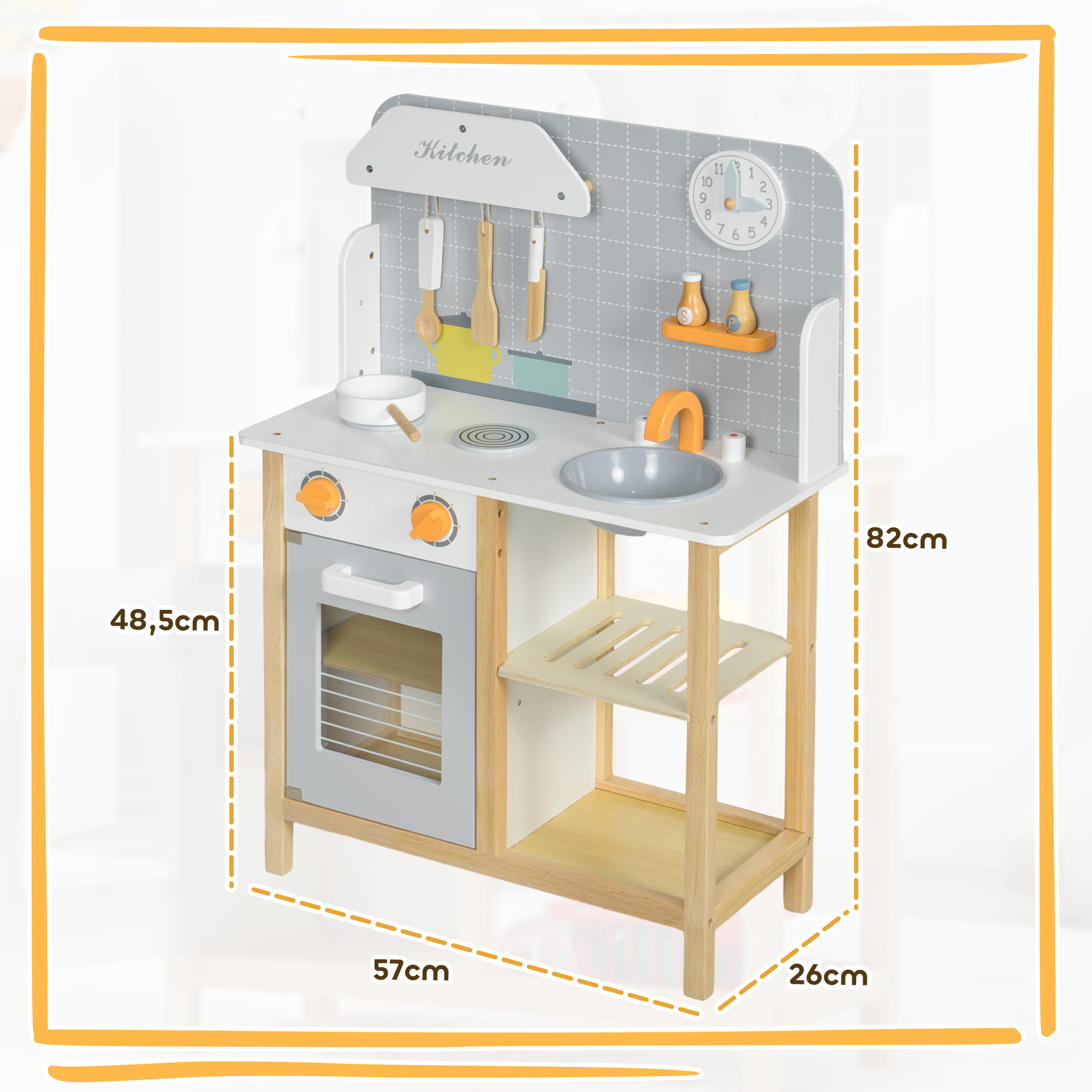 Cocina de juguete de madera con dimensiones, fondo blanco.
