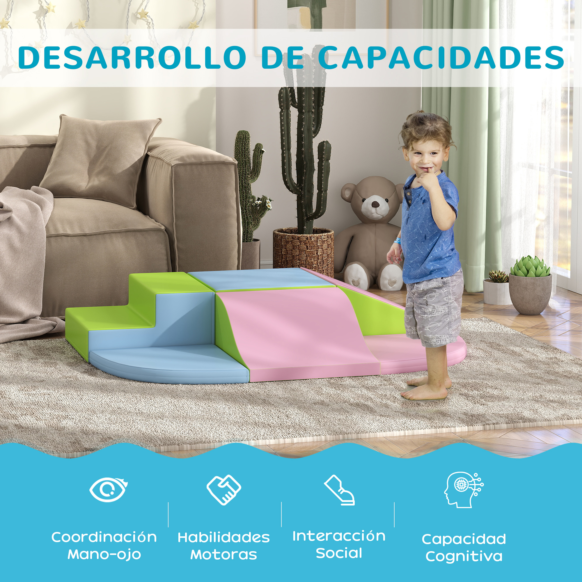 Un niño pequeño de pie sobre un juego de espuma colorido con texto sobre desarrollo en español.