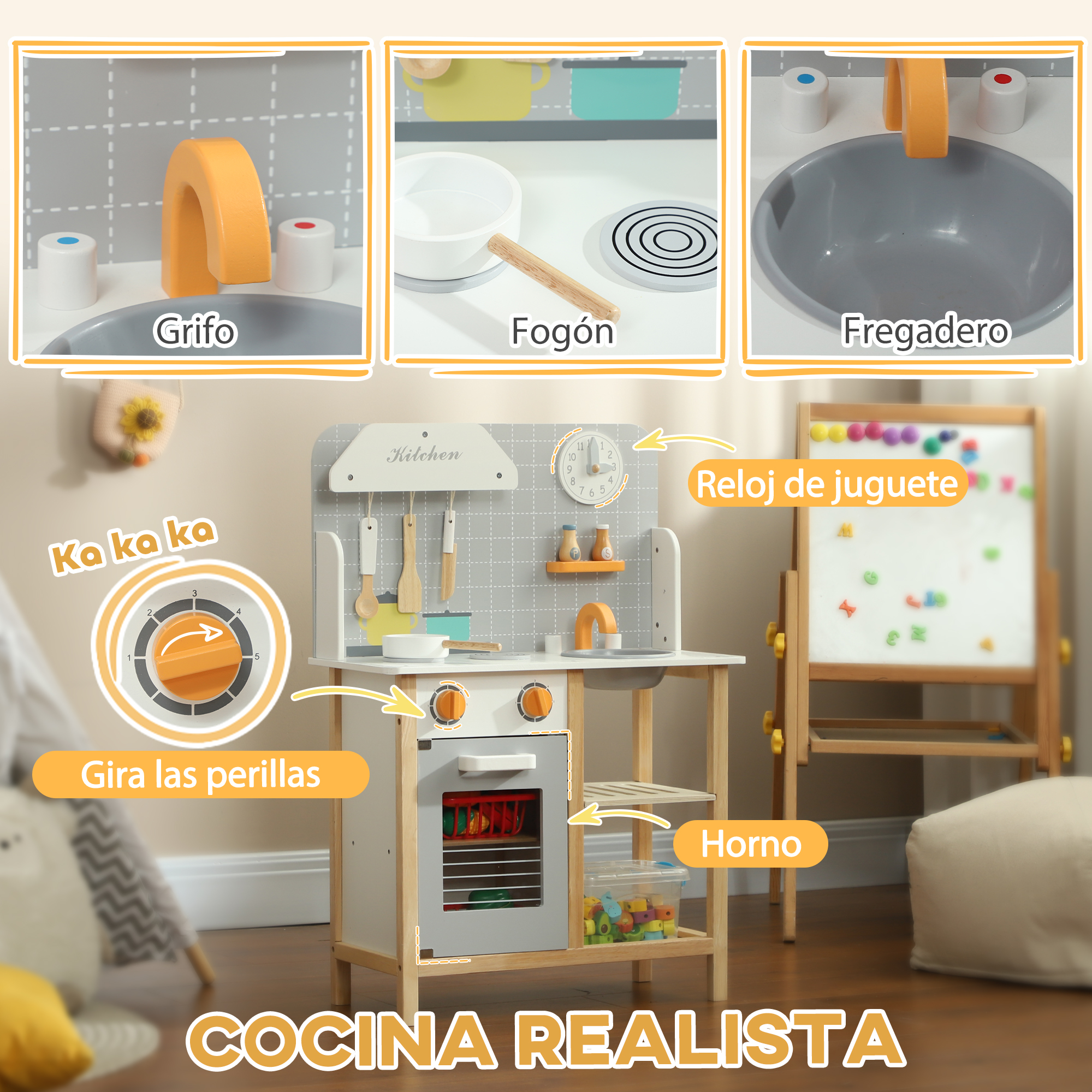 Una cocina de juguete de madera con detalles: grifo, estufa, fregadero, horno y reloj de juguete. Diseño realista.