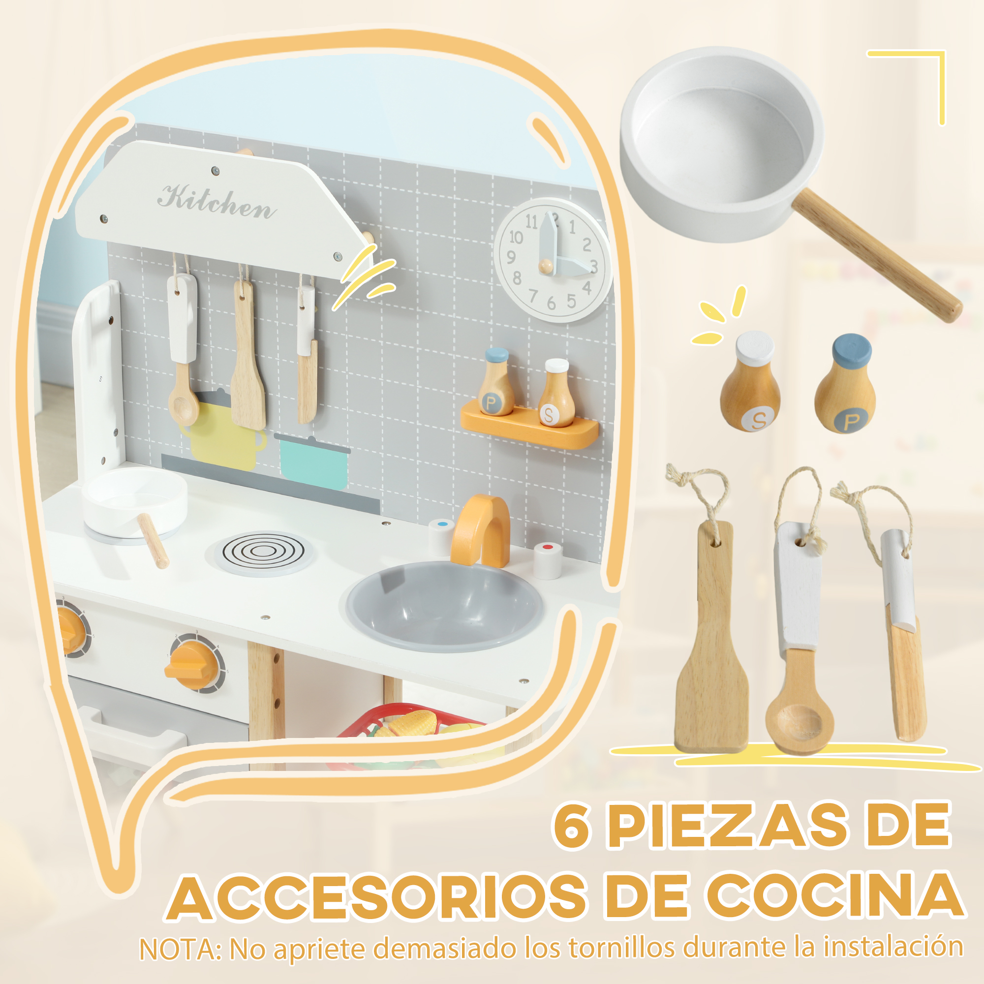 Un juego de cocina de juguete con accesorios, incluyendo ollas, utensilios y un reloj.