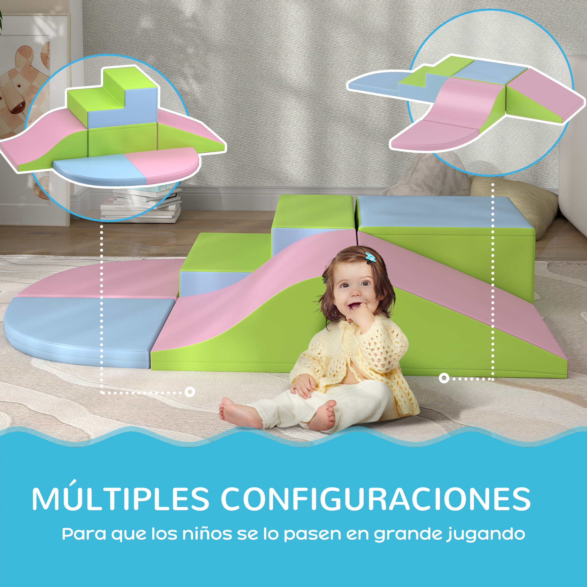 Un bebé sonríe, rodeado de bloques de espuma coloridos configurados como área de juego.
