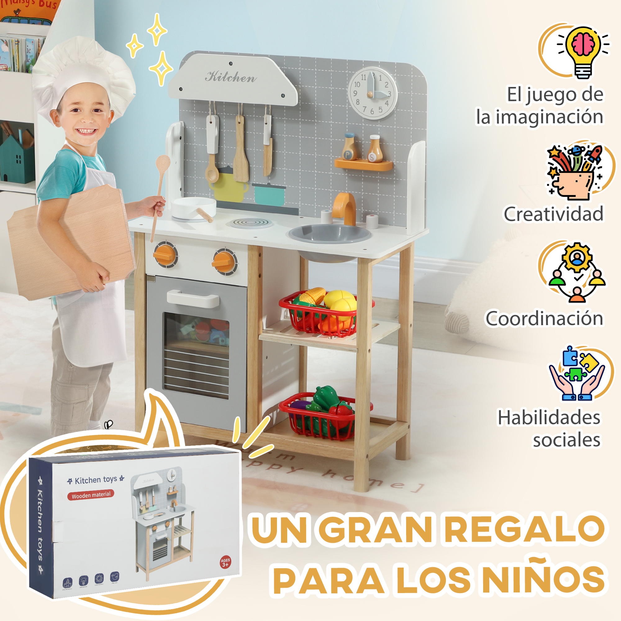 Un niño con gorro de chef y una cocina de juguete con accesorios. Texto: 'Un gran regalo para niños'.