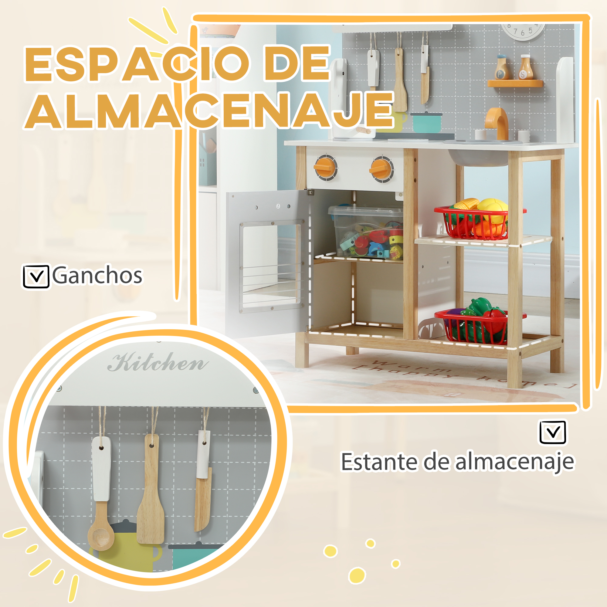 Una cocina de juguete con almacenamiento. Tiene ganchos, estantes y utensilios de cocina.