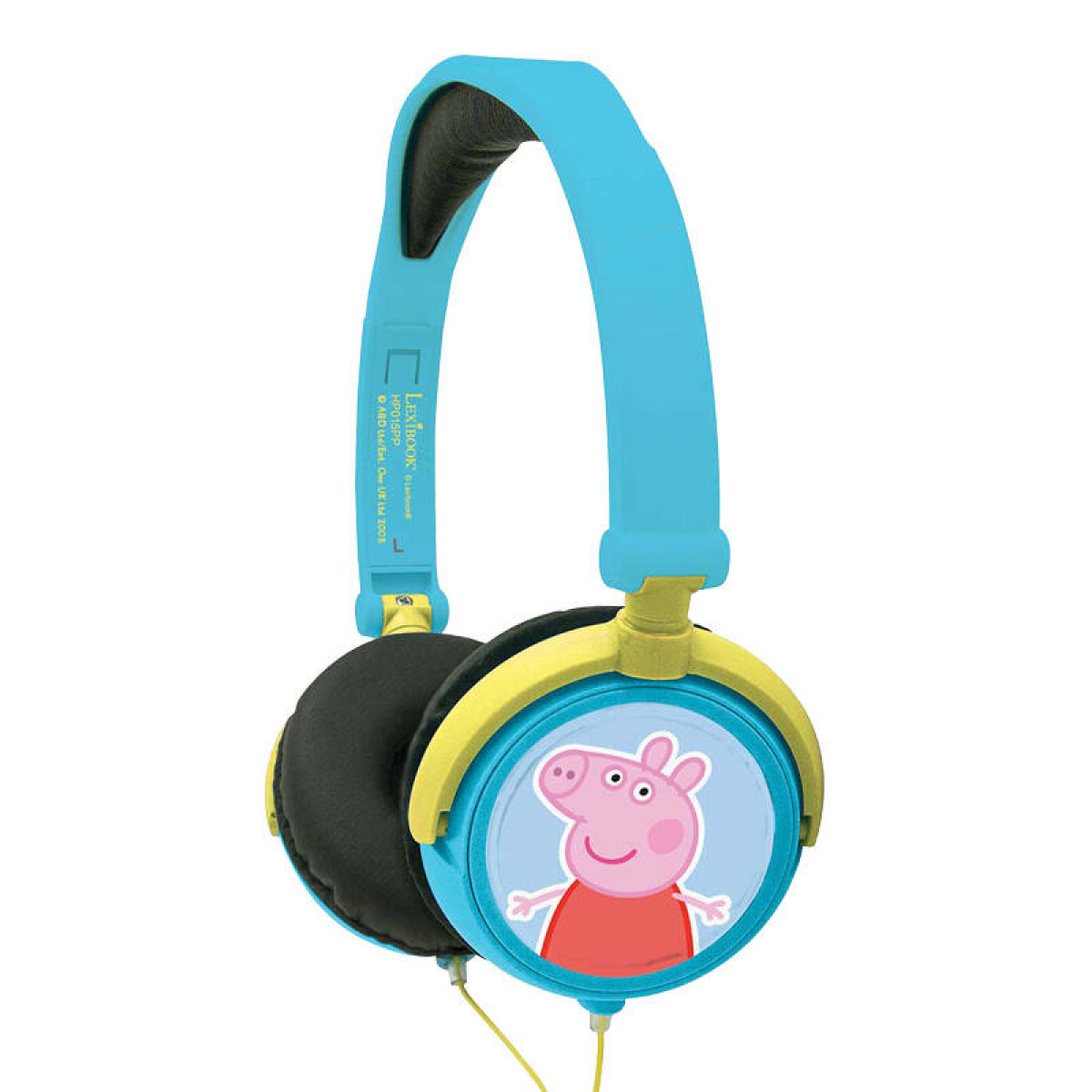 Cuffie Peppa Pig blu e gialle, con l'immagine del personaggio sul padiglione.
