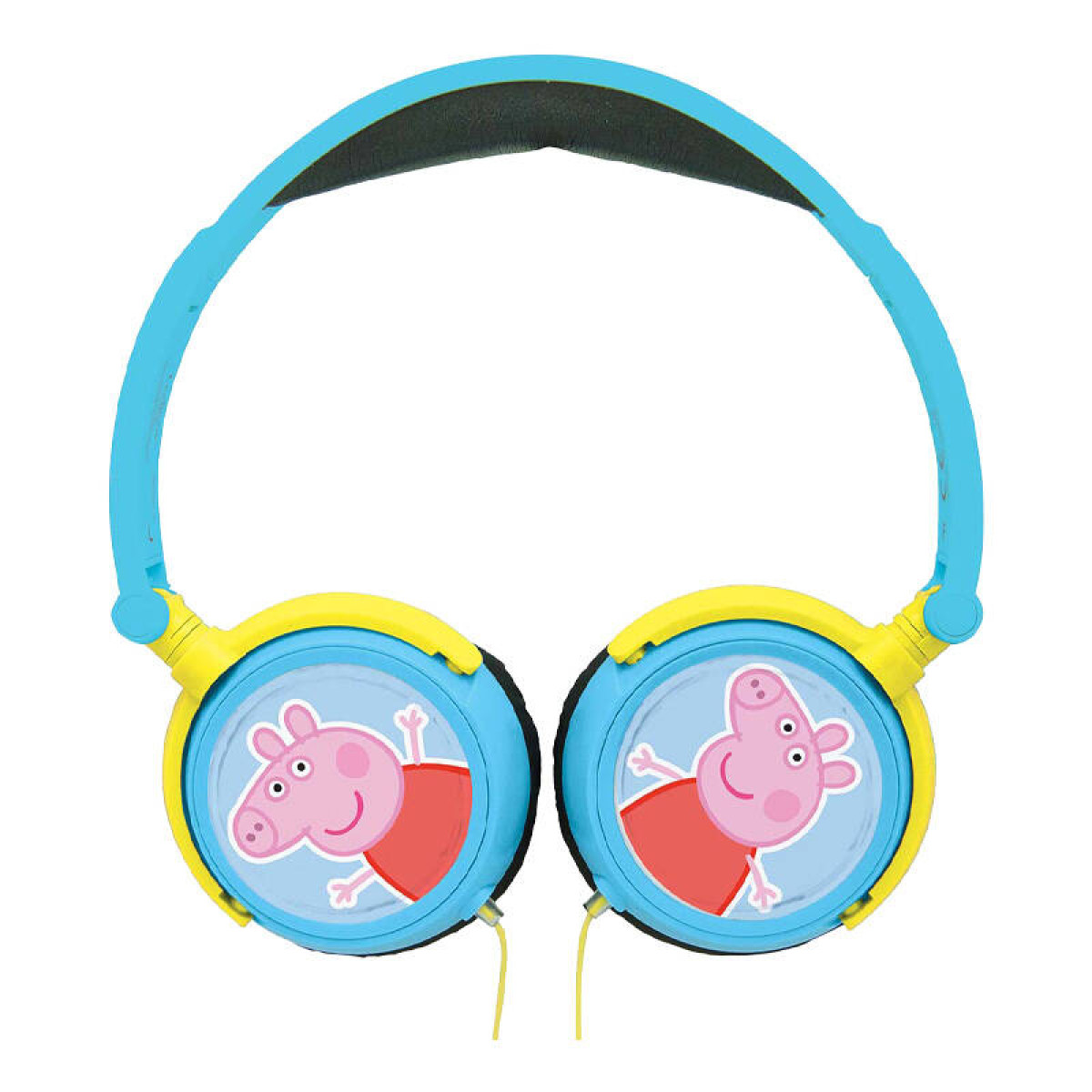 Cuffie blu e gialle di Peppa Pig. I padiglioni auricolari hanno immagini di Peppa Pig. Sono su sfondo bianco.