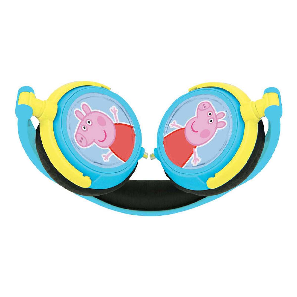 Cuffie blu e gialle con immagini di Peppa Pig sui padiglioni.