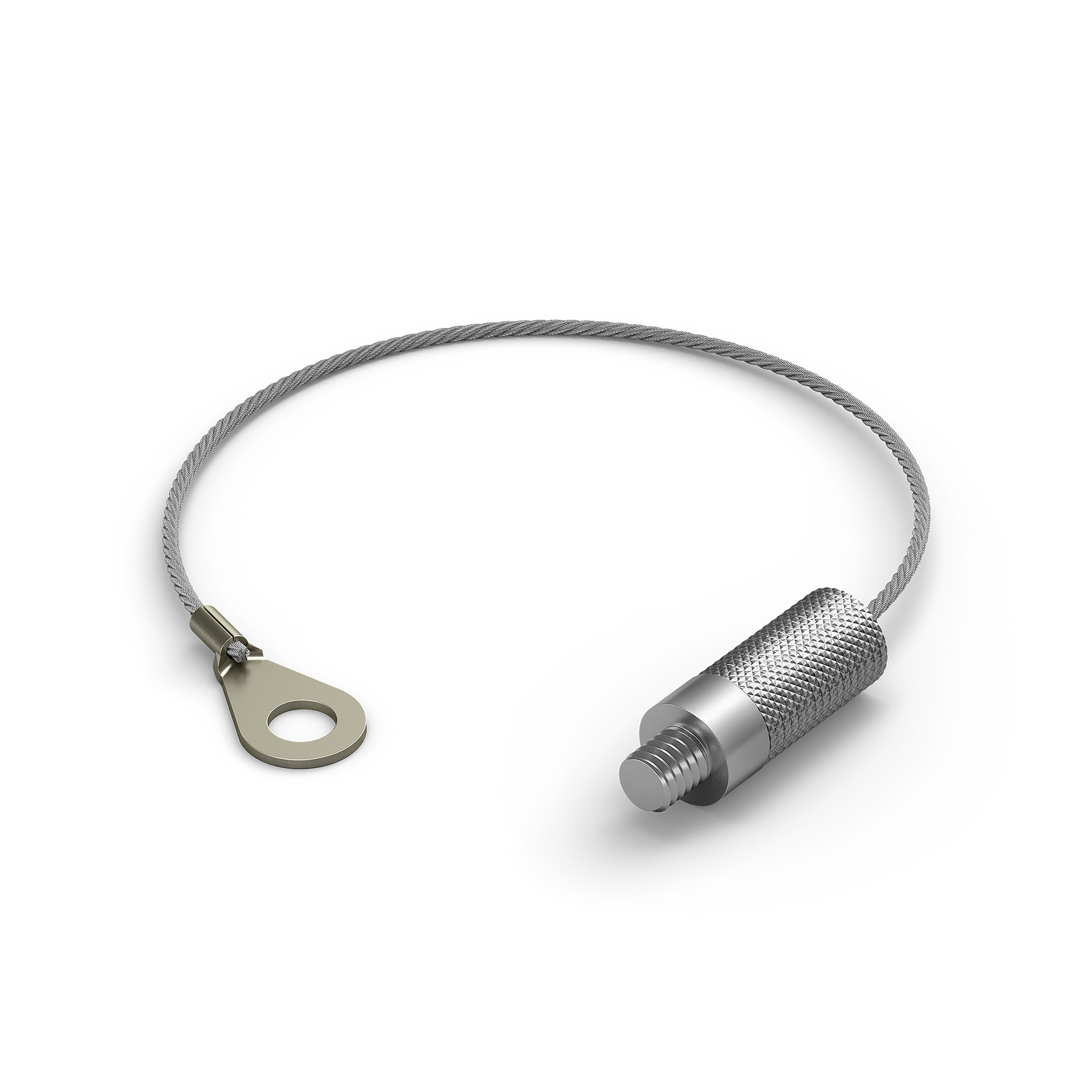 Metalen kabel met ring en schroefdraad, gebruikt voor veiligheid.