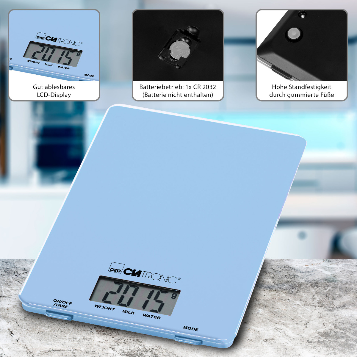 Niebieska waga kuchenna, z wyświetlaczem cyfrowym i trzema zbliżeniami.