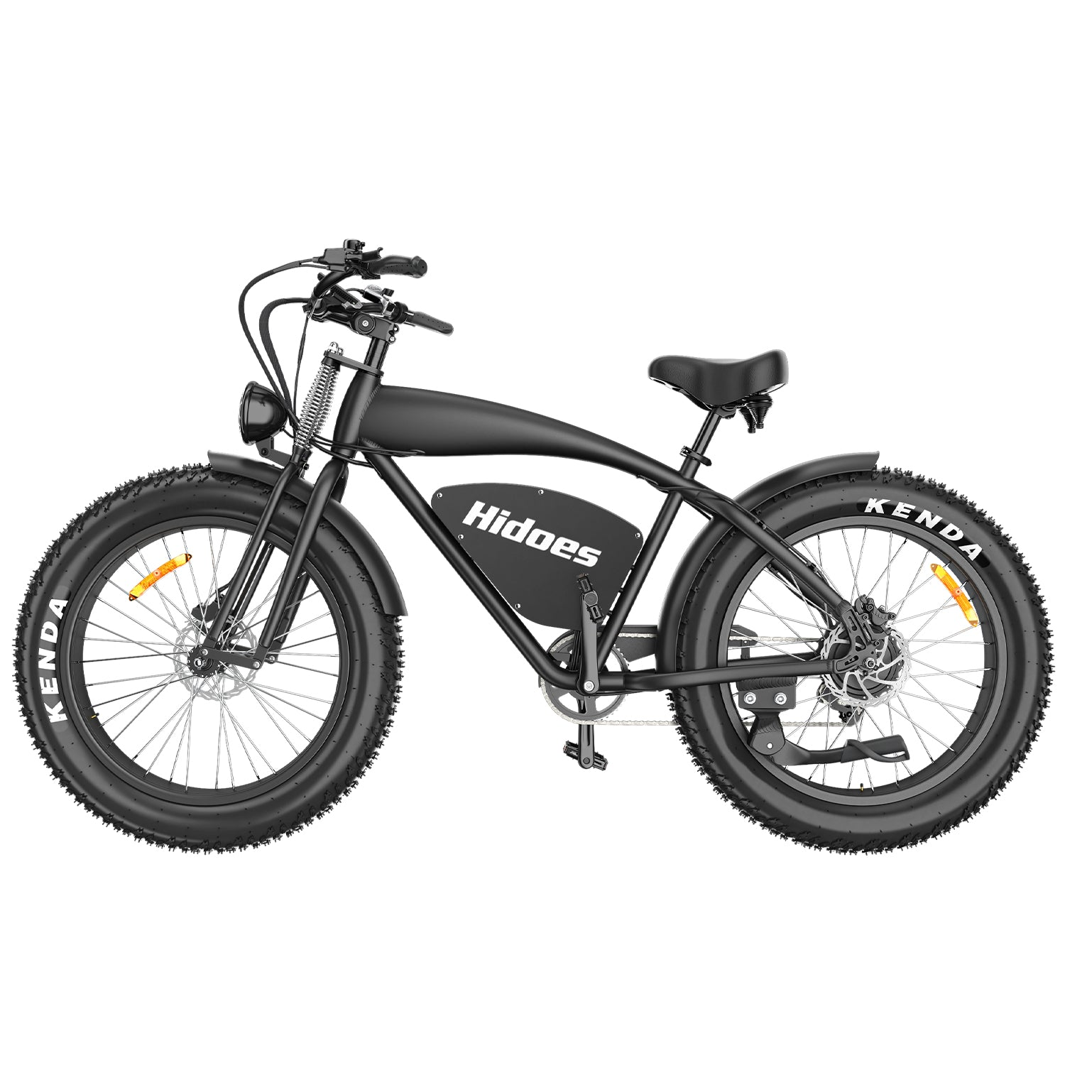 E-bike nero a pneumatici larghi. Ha telaio e pneumatici neri.
