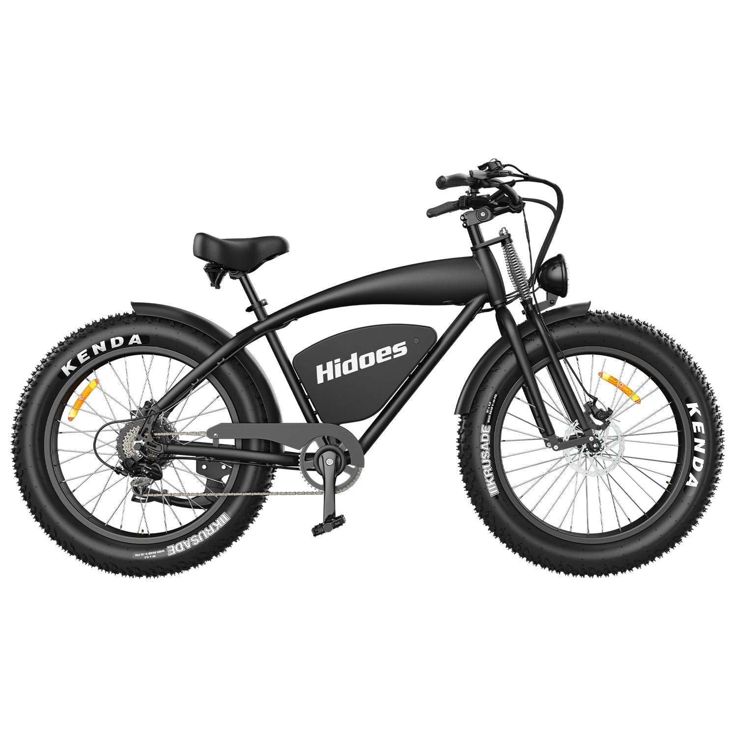 Bicicletta elettrica nera con pneumatici larghi su sfondo bianco. Porta il nome Hidoes.