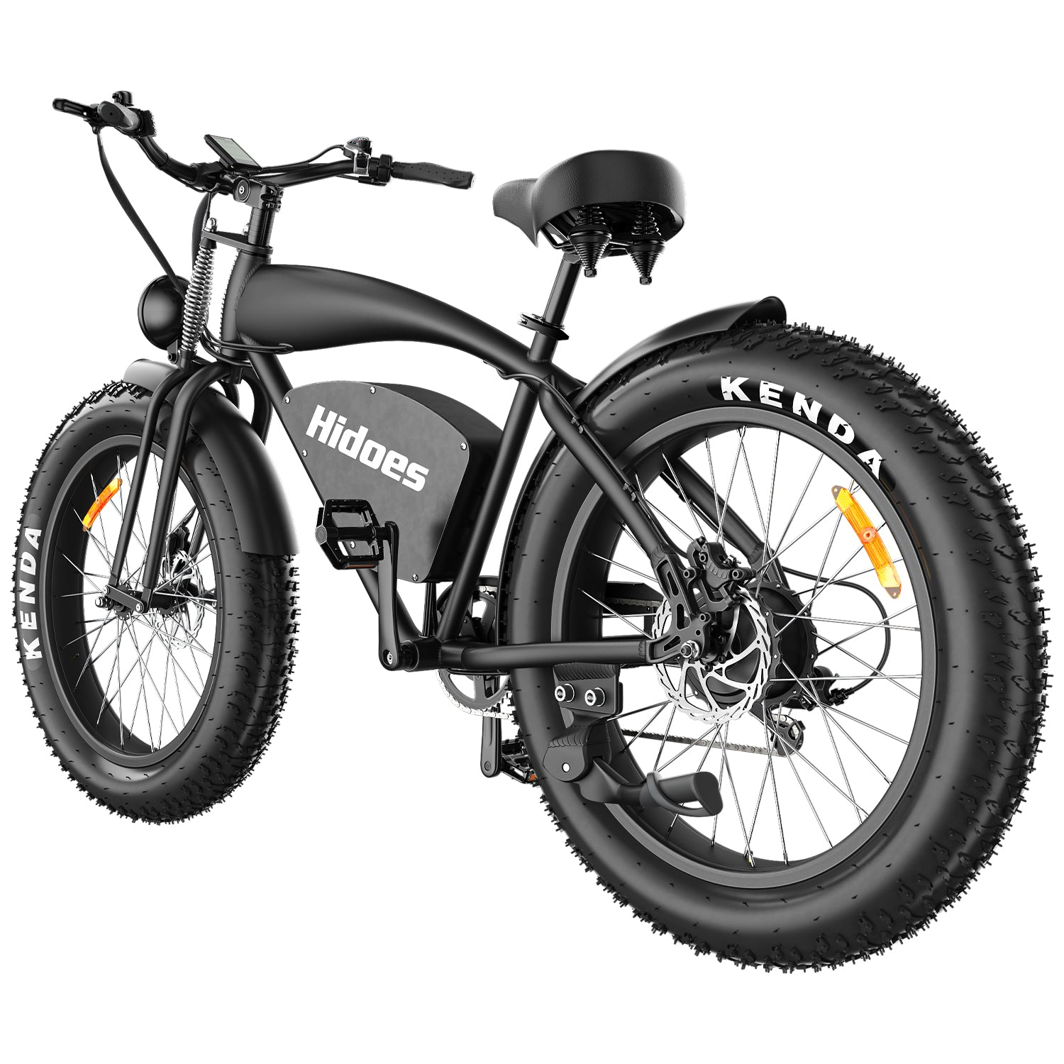 Bicicletta elettrica nera con pneumatici larghi con logo 'Hidoes', su sfondo bianco.