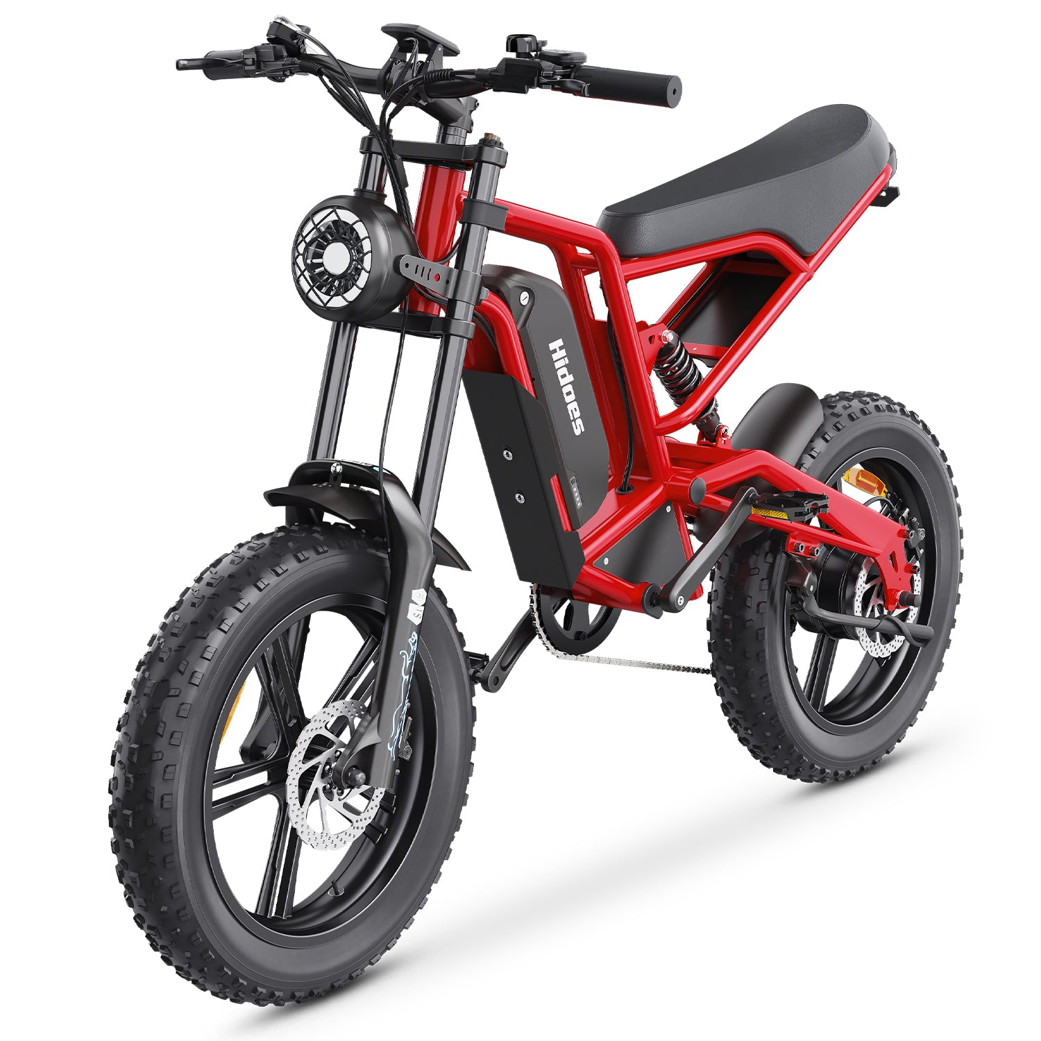 Rotes Elektromotorrad mit schwarzen Reifen und Rahmen, auf weißem Hintergrund.