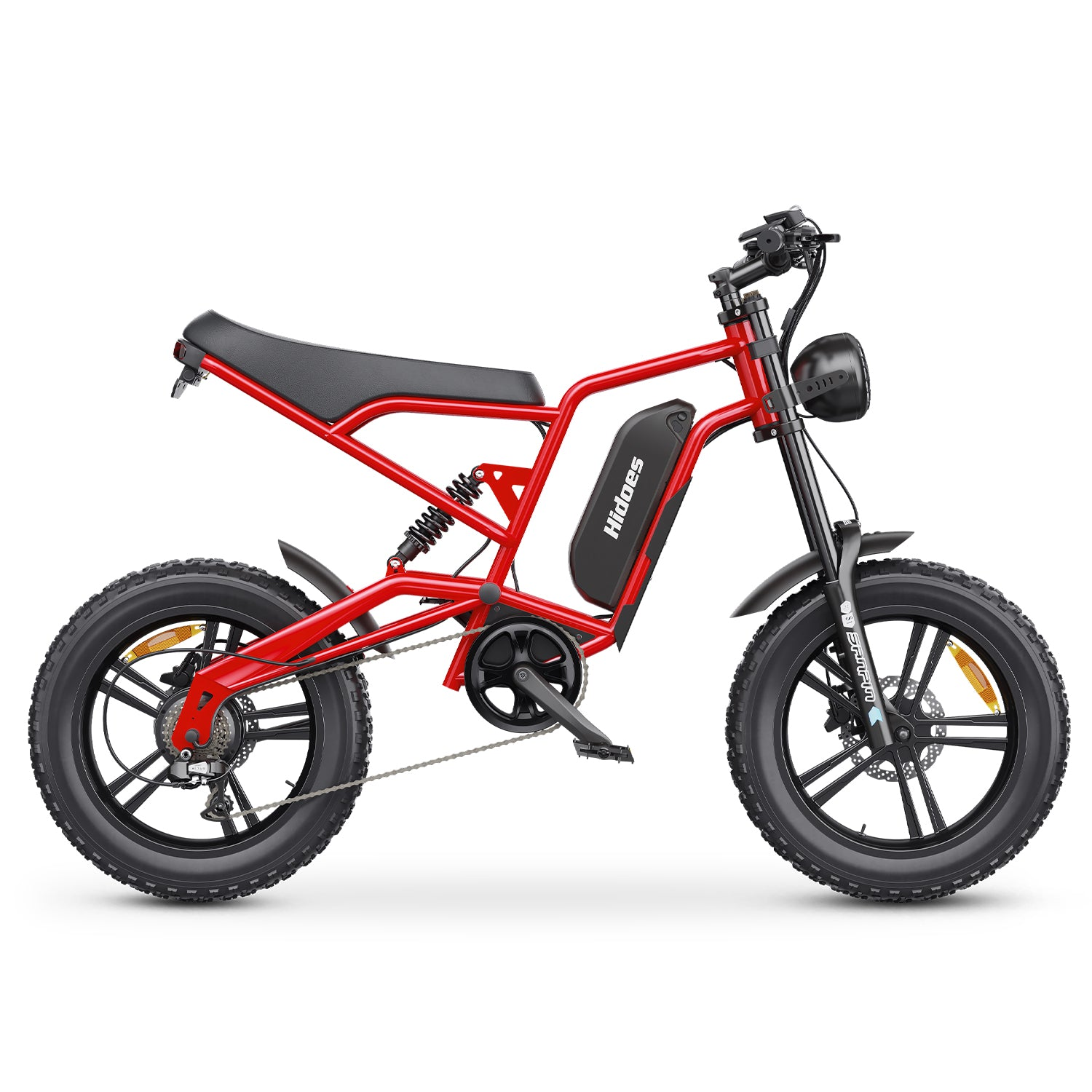 Rotes Elektrofahrrad mit schwarzen Reifen und Details, weißer Hintergrund.