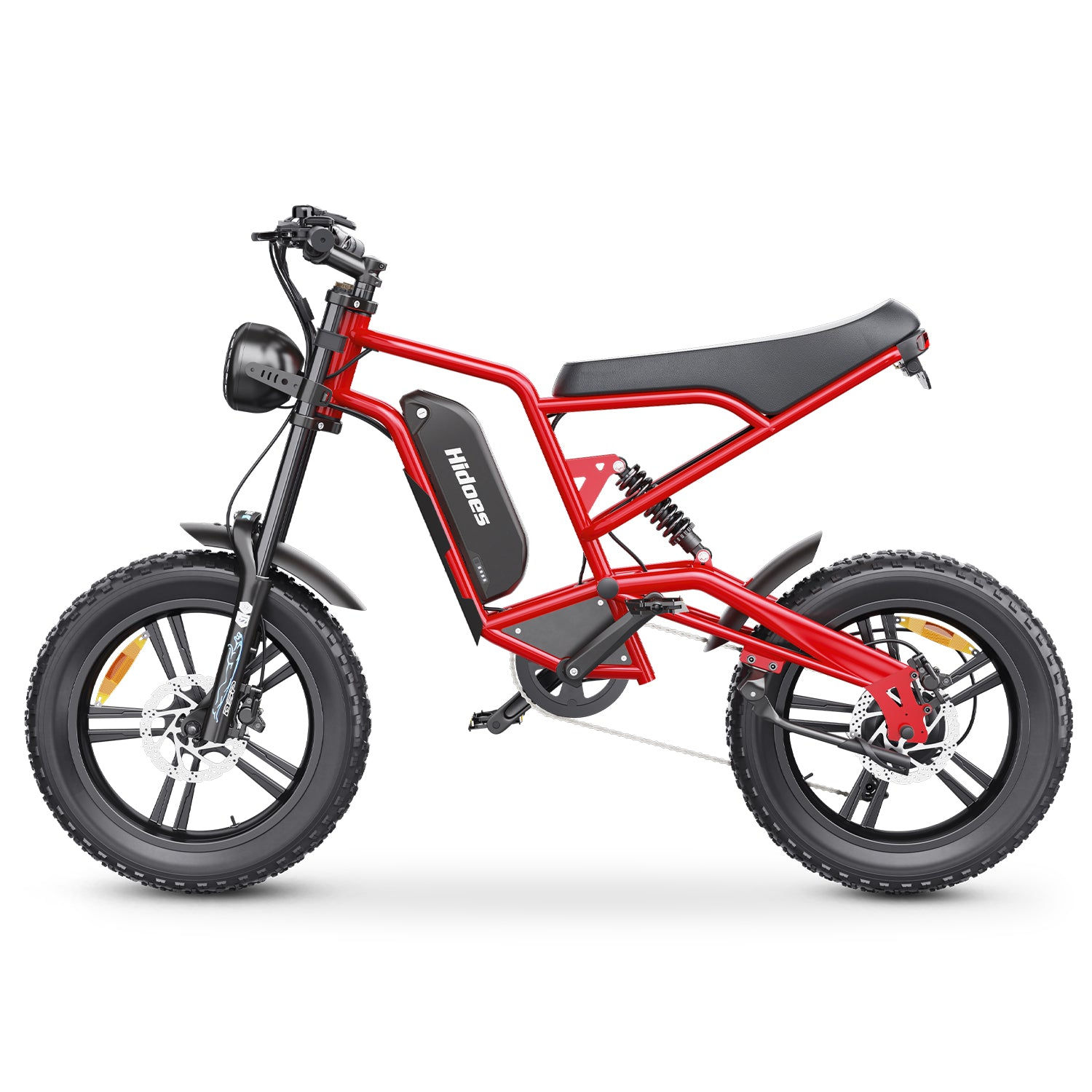 Ein rotes Elektrofahrrad mit schwarzen Reifen, Scheinwerfer und Akku.
