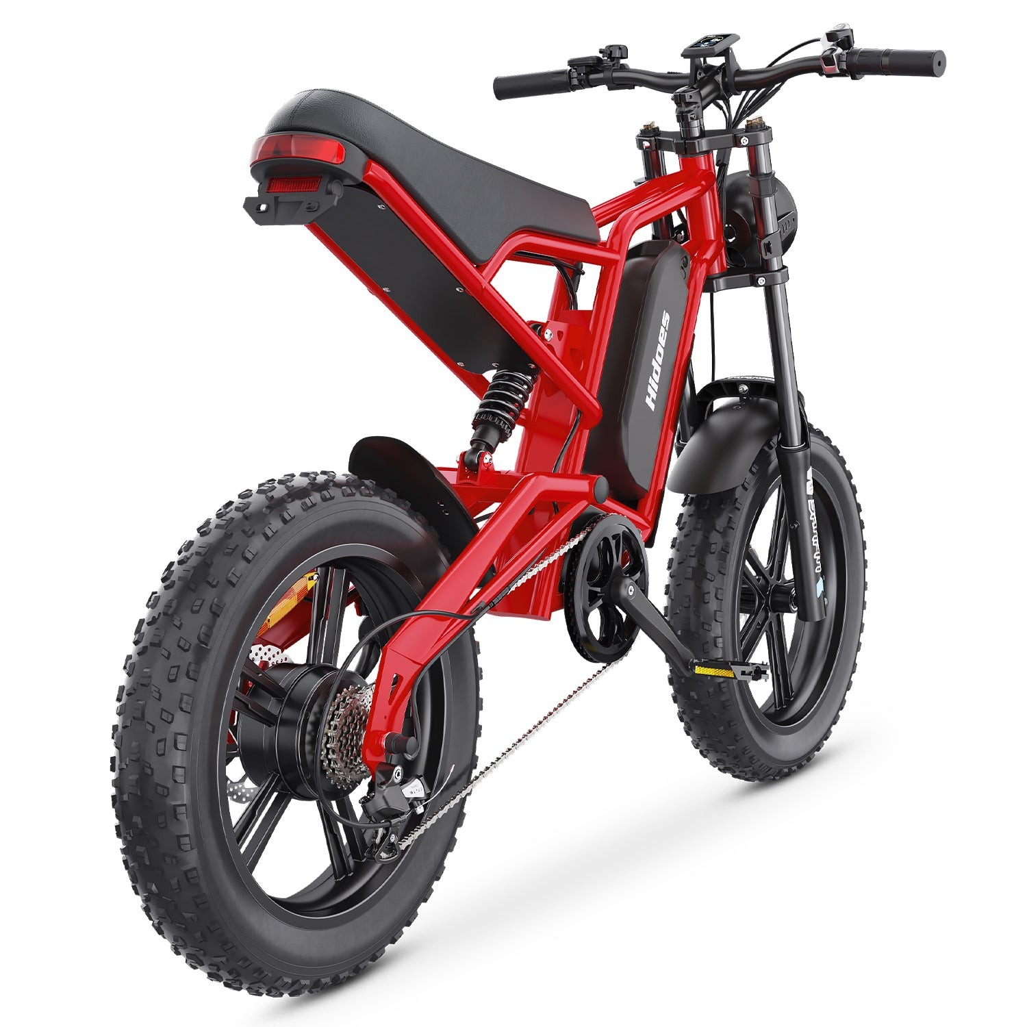 Rotes Elektrofahrrad auf Weiß. Es hat große Reifen und einen schwarzen Sitz und Rahmen.