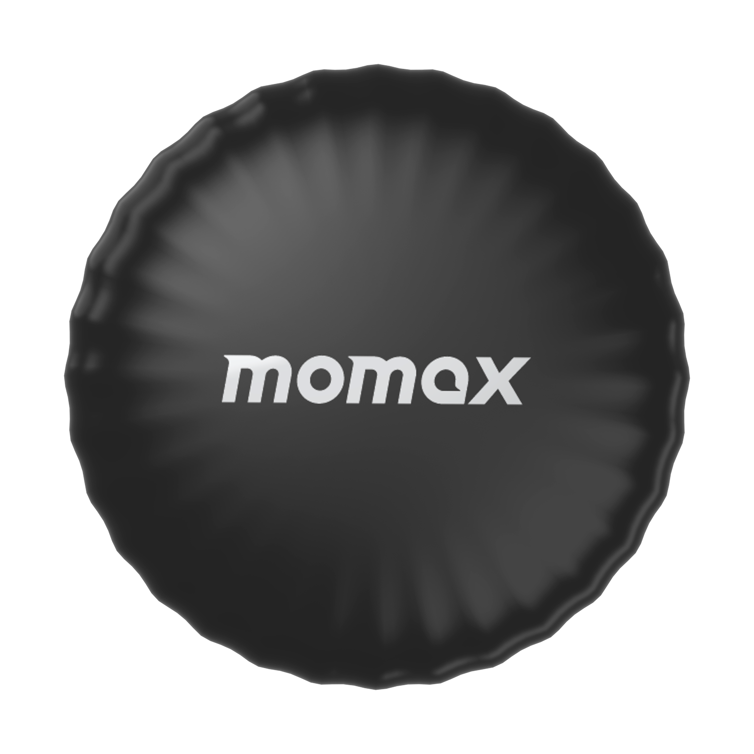 Black round cushion with the white 'momax' logo.