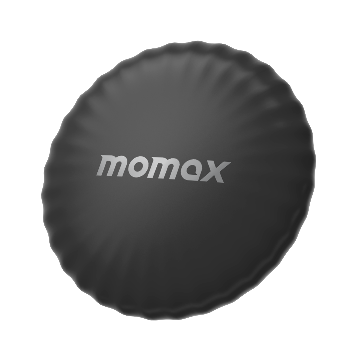 A black, round, Momax branded bag, seen from above on a black background.
