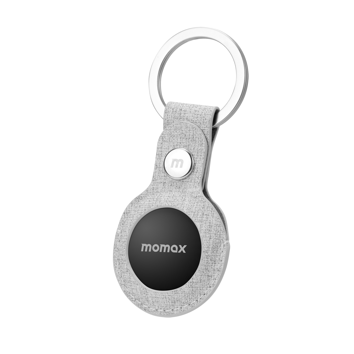 A gray fabric keychain with a black circle and a silver ring, with 'momax' printed on it.