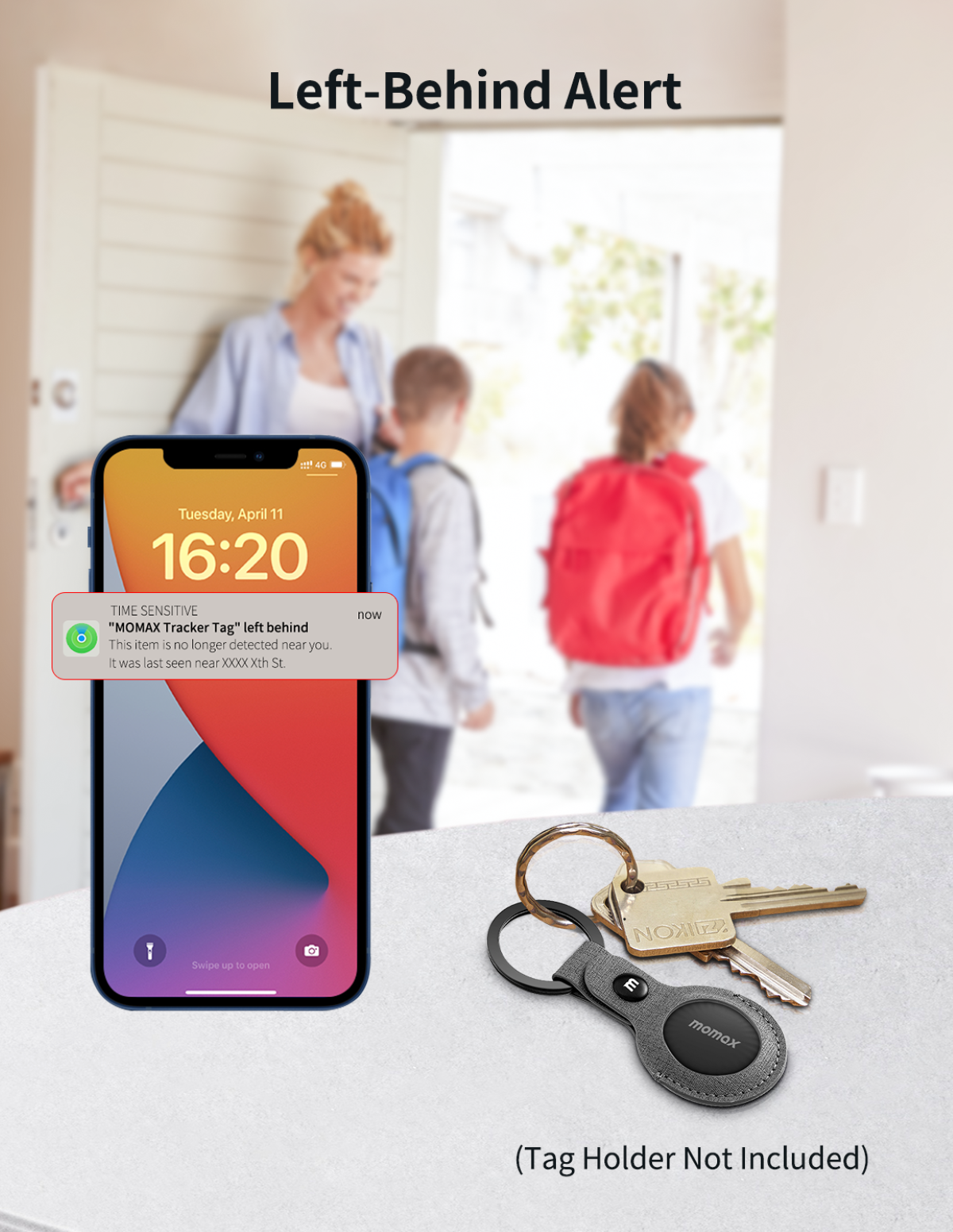 Phone with a notification, keys, and a tag, near a door. Left-Behind Alert.