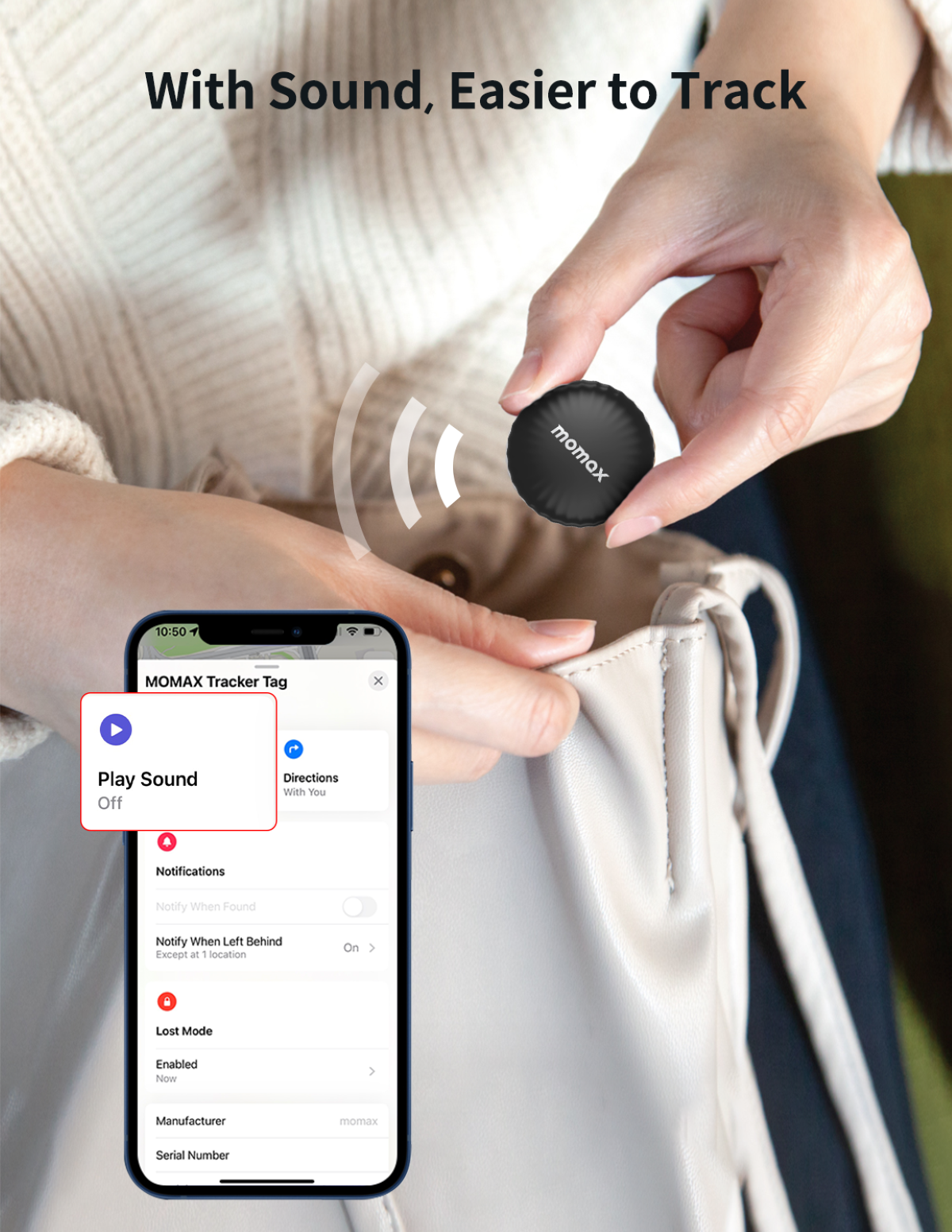 Black momax tracker tag on a white background, with a phone showing tracking app interface.