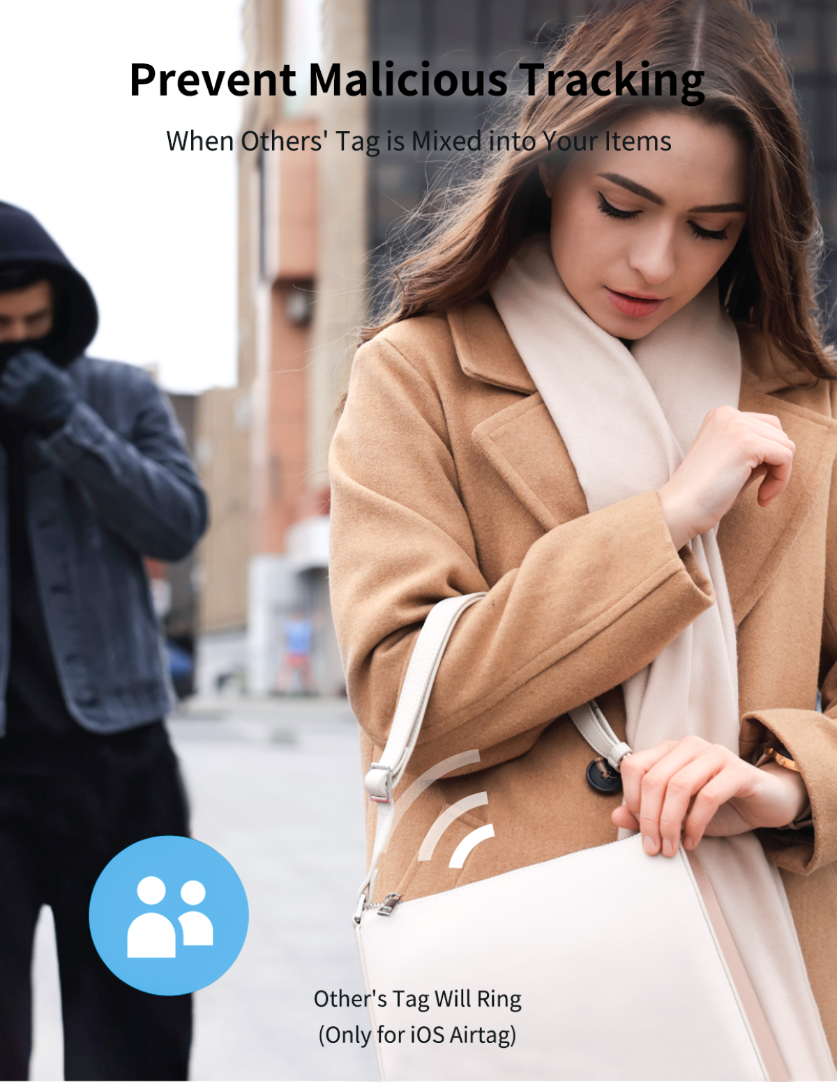 Woman protecting her bag from a man, with text: 'Prevent Malicious Tracking'.