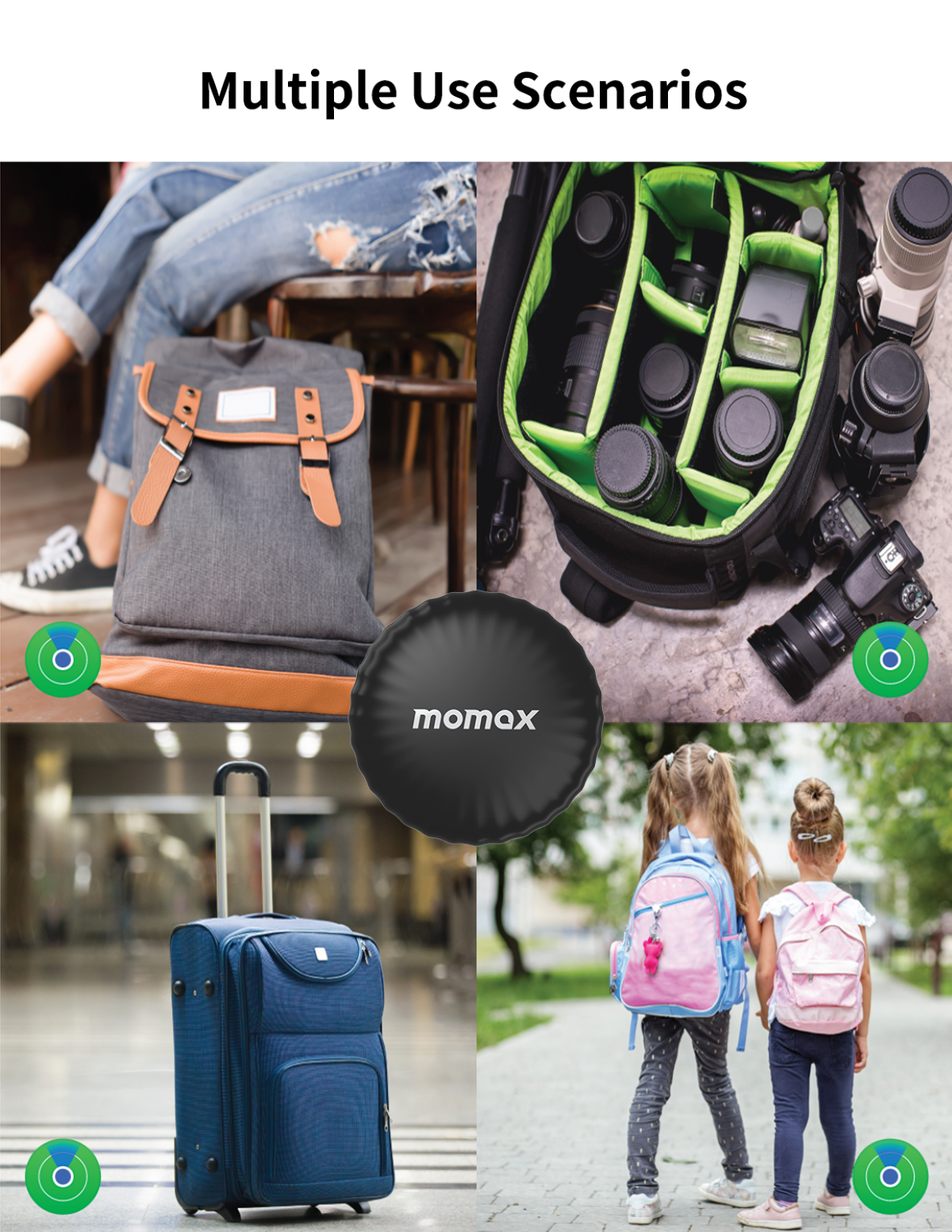 Multiple use scenarios: backpacks, luggage, and people carrying items, with Momax logo.