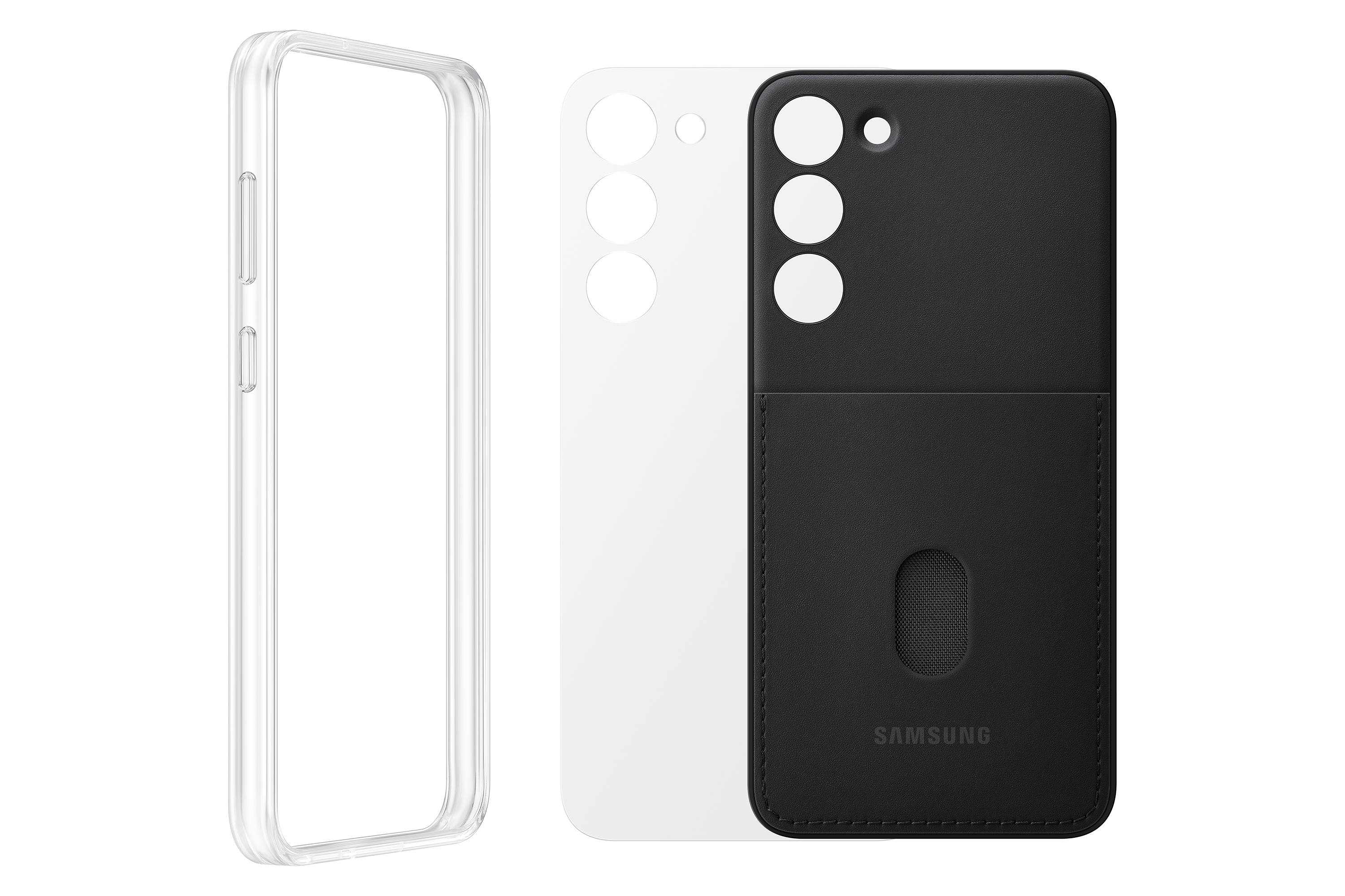 Twee telefoonhoesjes, doorzichtig en zwart. Transparante hoes links, zwarte hoes rechts met portemonnee-functie.