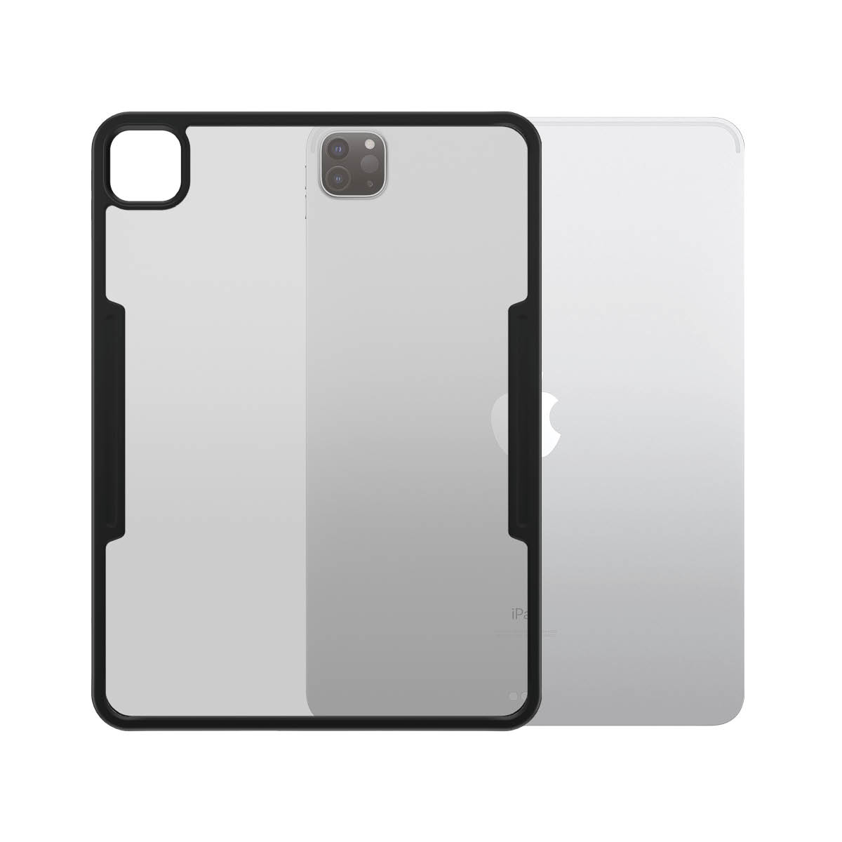 iPad in a case, with a clear back and black frame, on a white background.