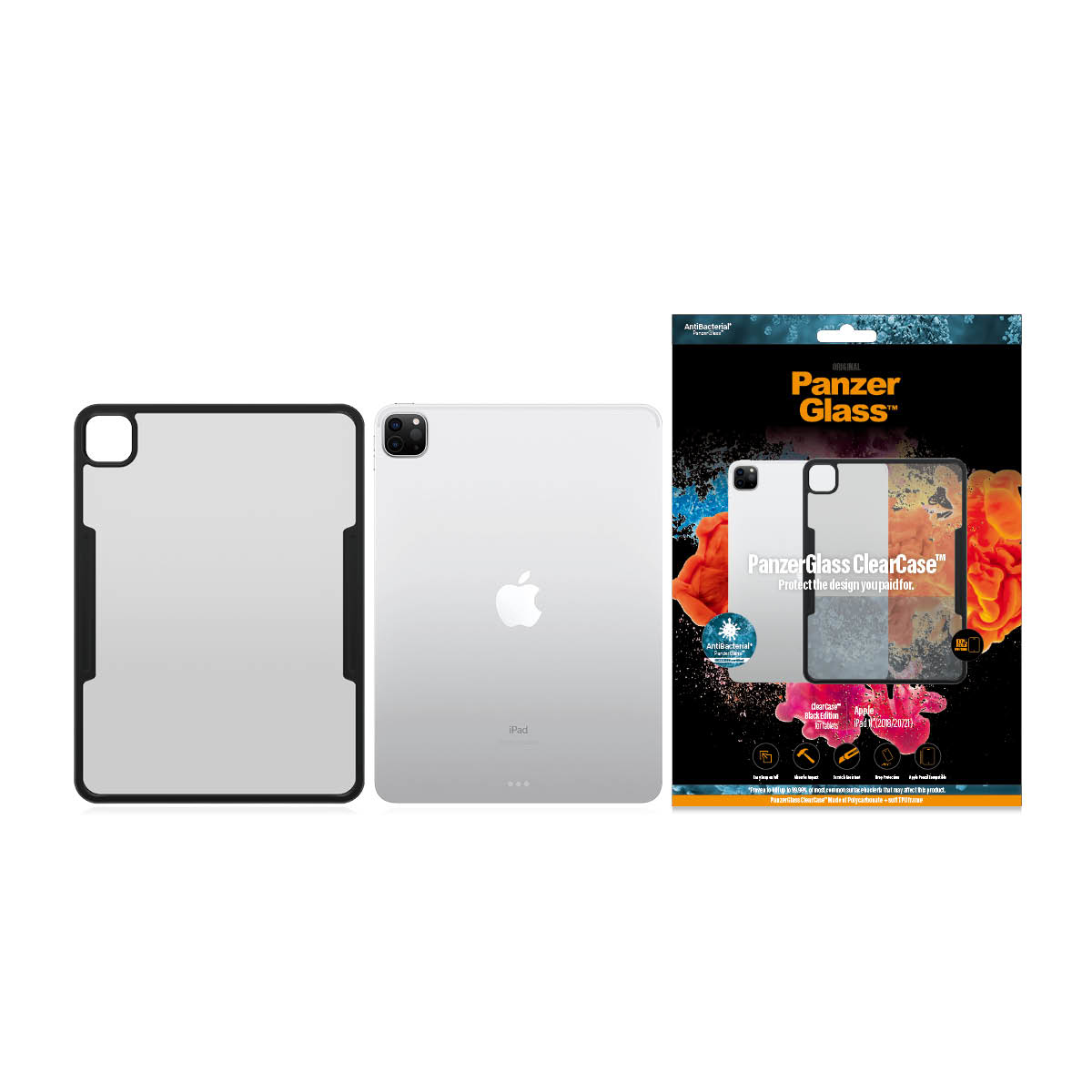 iPad with a case and a box. The iPad is silver. The case is black. The box has a clear case.