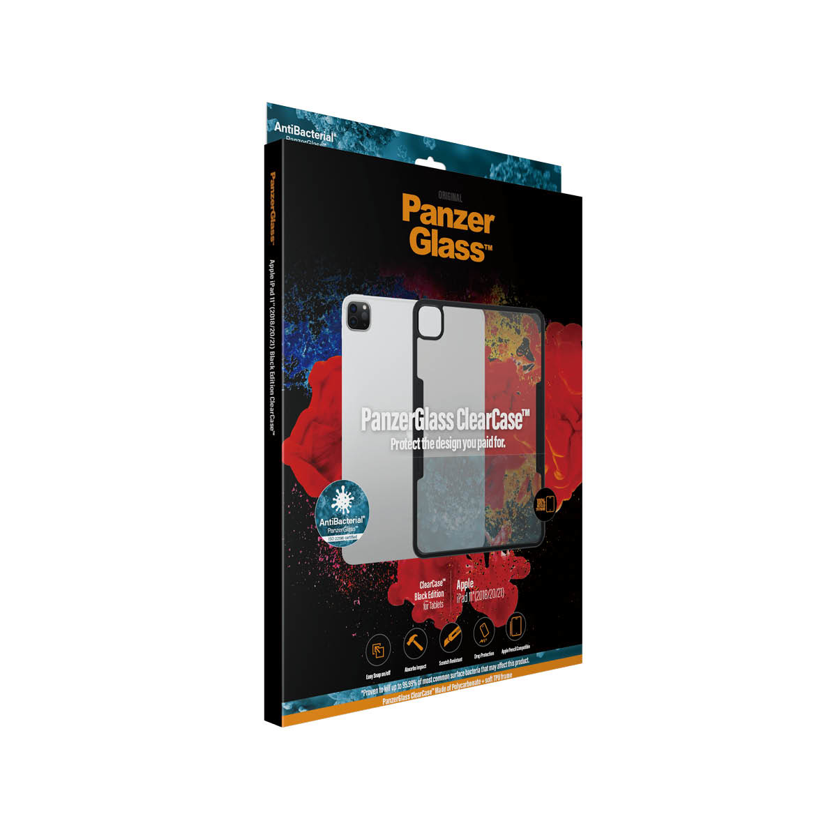 Box with phone case packaging, PanzerGlass brand, with an iPhone inside.