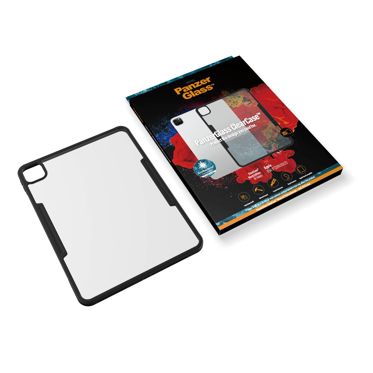 Clear PanzerGlass case for a tablet next to its packaging box on a white background.