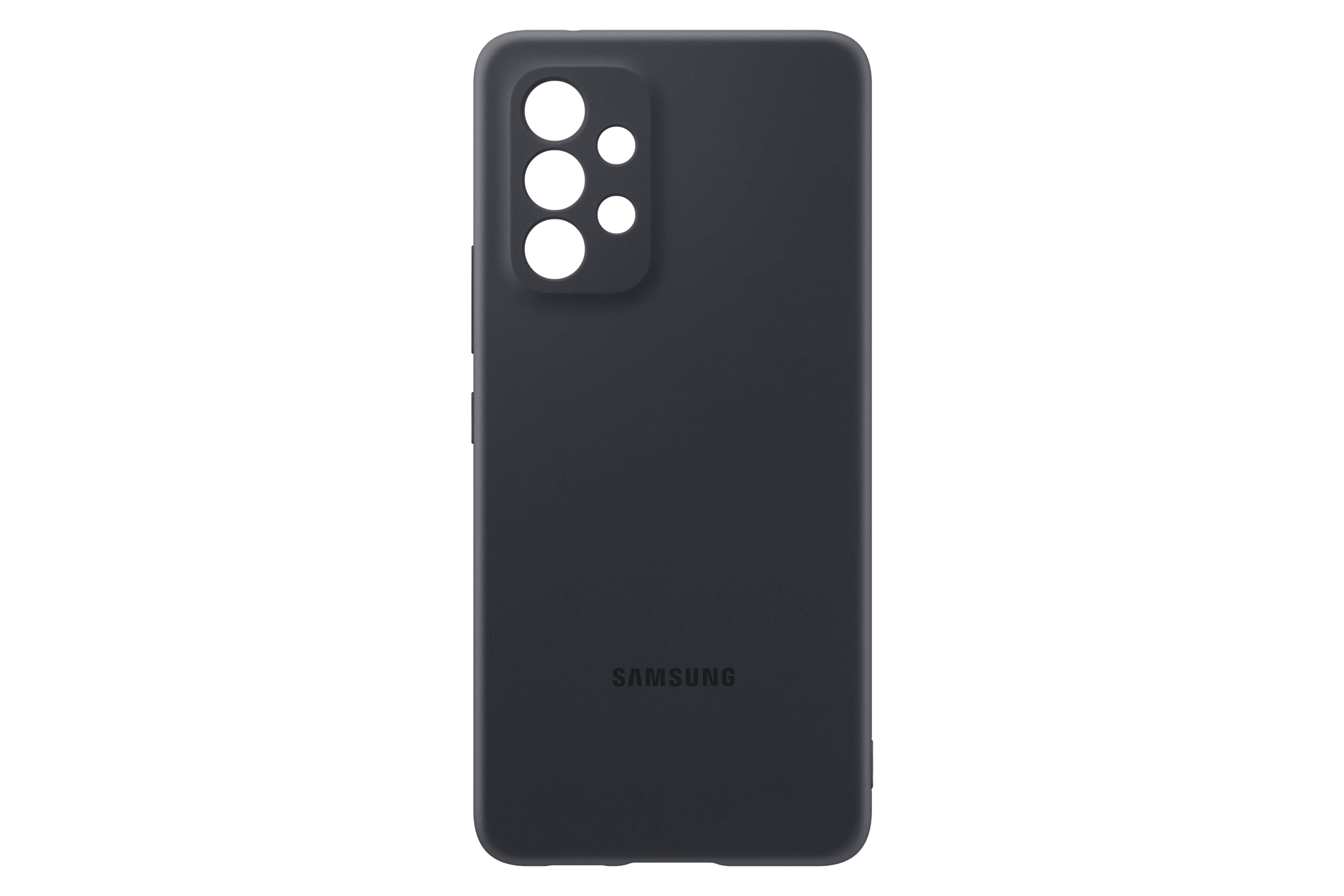 Una custodia nera per un telefono Samsung, con un ritaglio per la fotocamera.