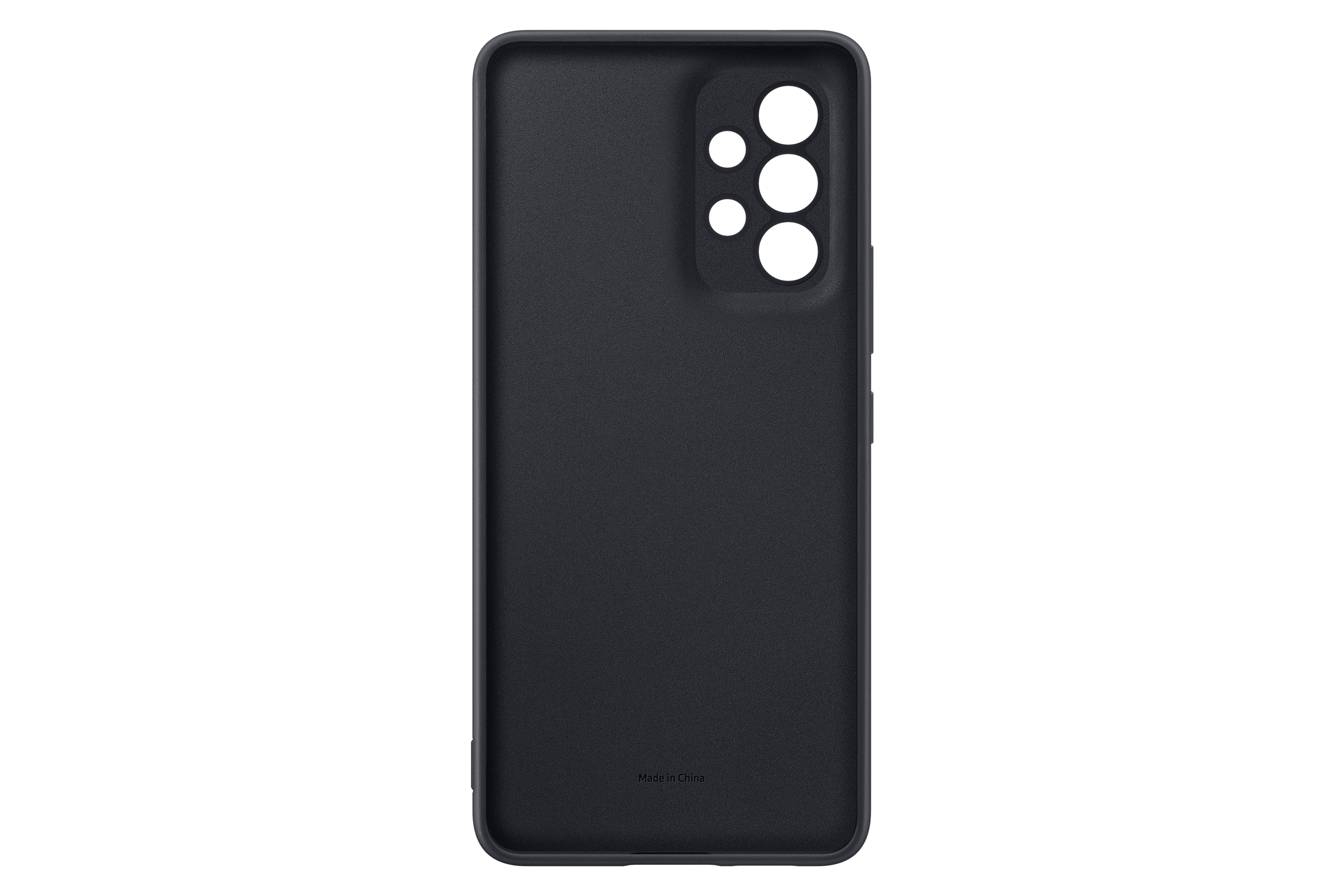 Custodia nera per telefono. Ha ritagli per la fotocamera e una finitura liscia e opaca. Il logo Samsung è visibile.