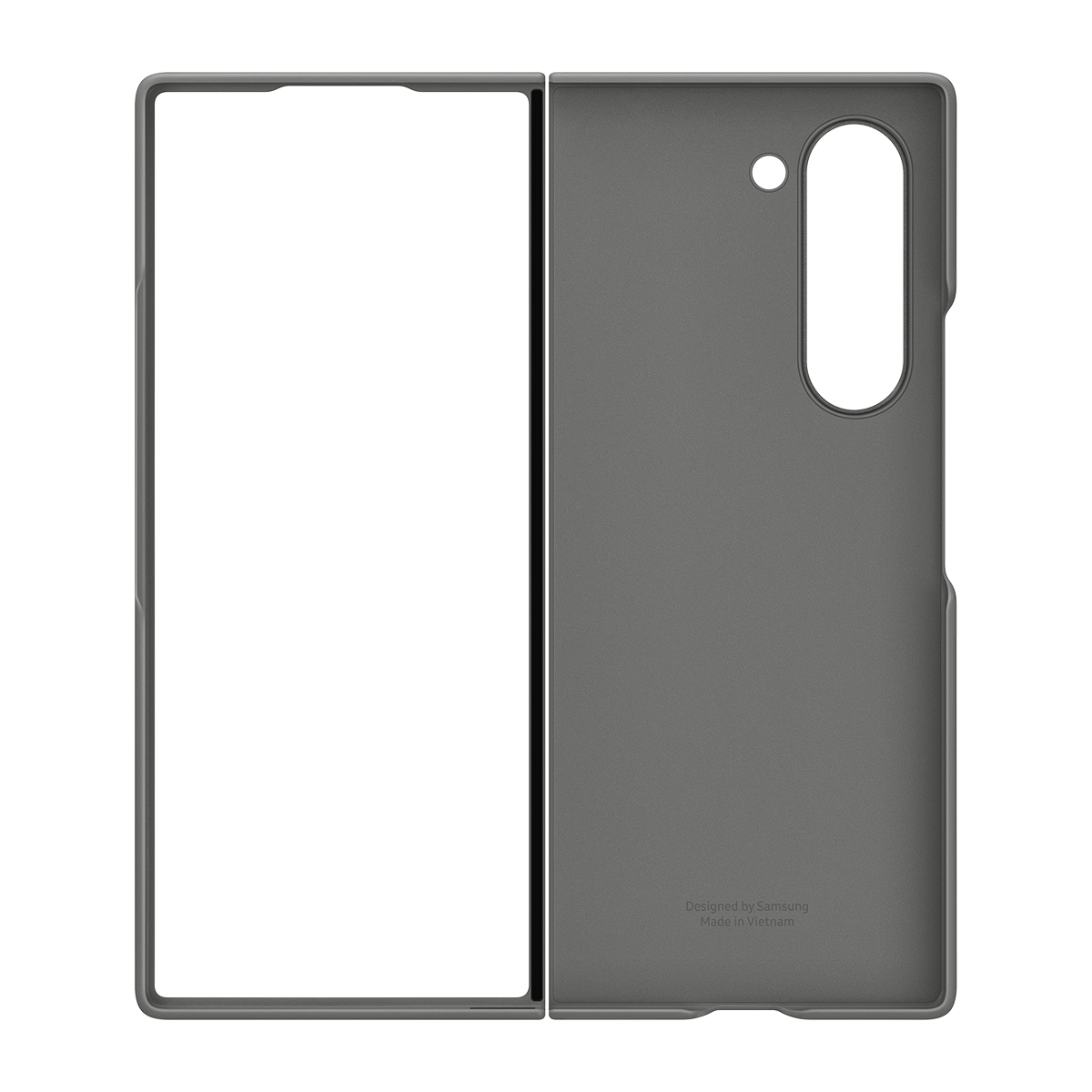 Funda de teléfono de dos piezas, gris, con una pantalla en blanco y un espacio para la cámara.