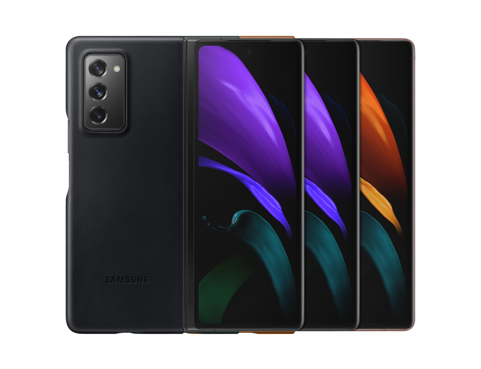 Un téléphone Samsung noir fermé avec trois écrans ouverts montrant des graphiques colorés.