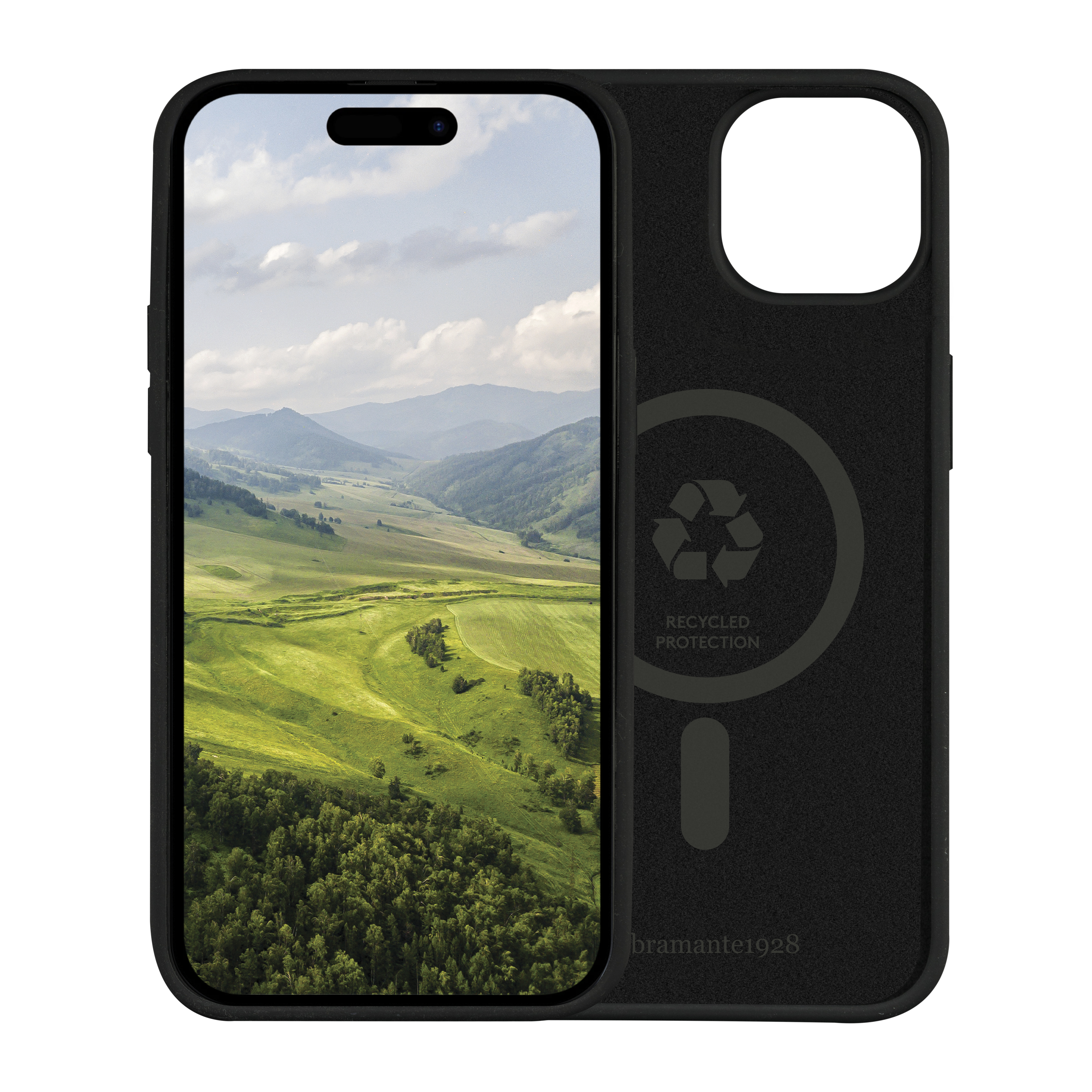 Telefono in custodia nera, immagine del paesaggio sullo schermo, con simbolo di riciclo.
