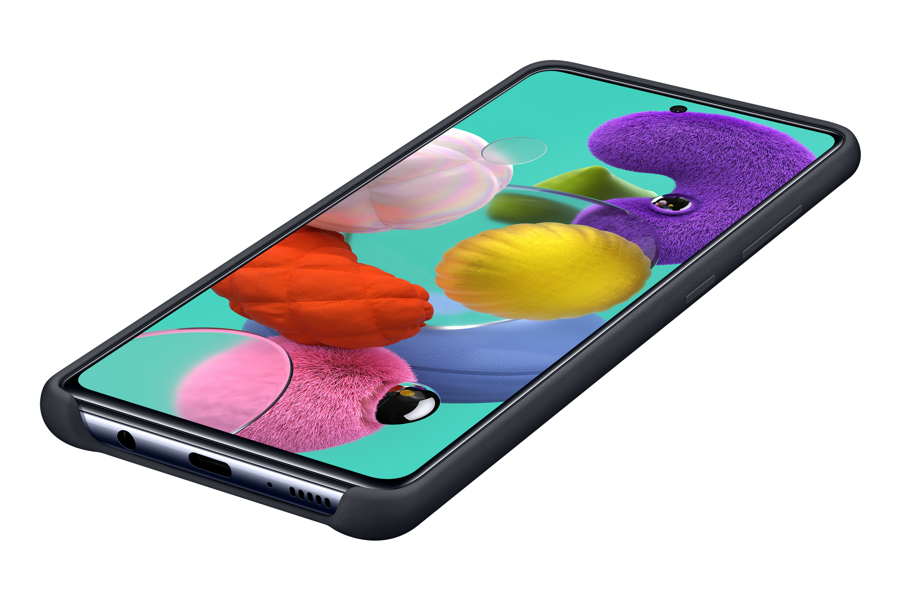 Smartphone in schwarzem Gehäuse auf weißem Hintergrund, schräge Ansicht.