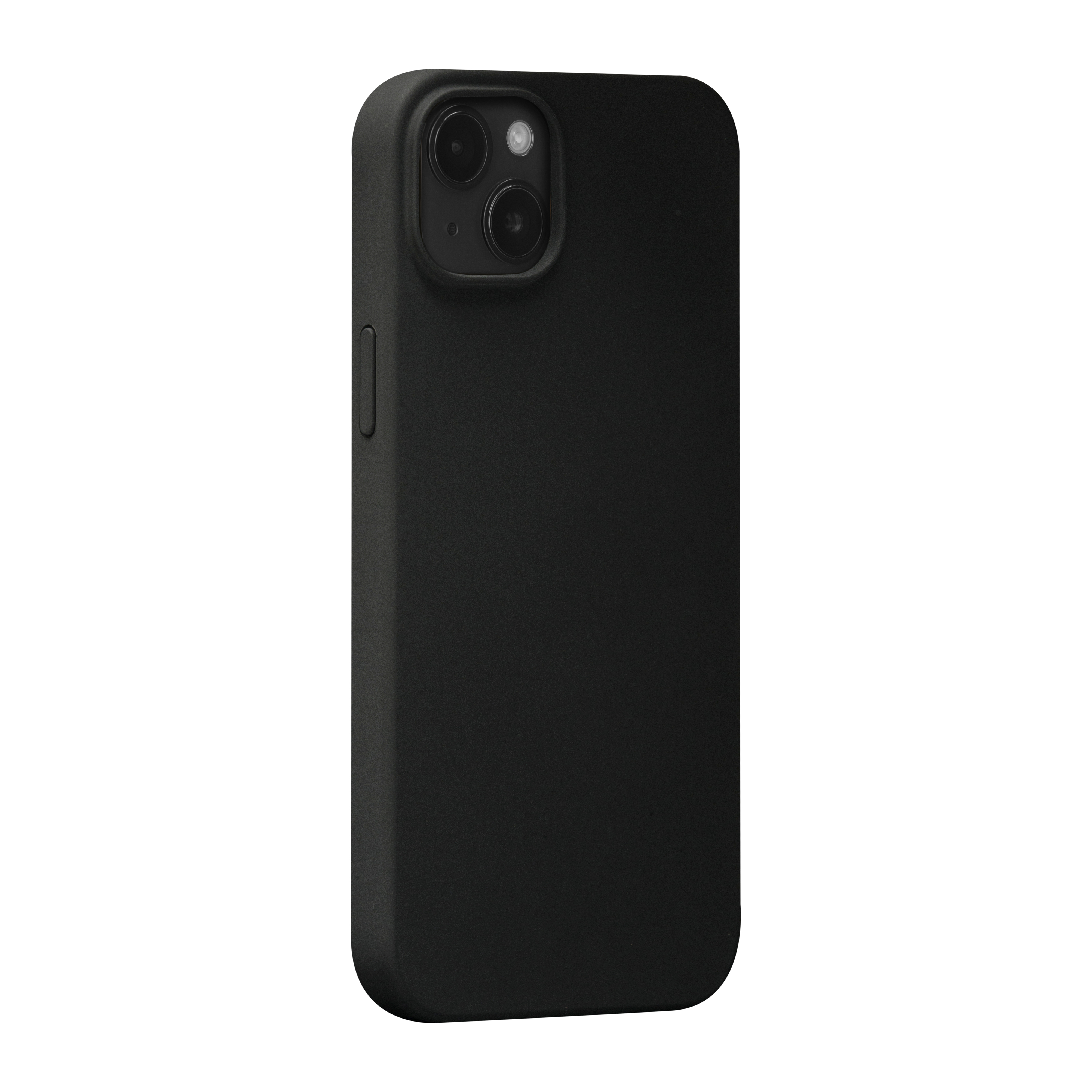 Custodia nera per iPhone con ritagli per fotocamera, su sfondo bianco.