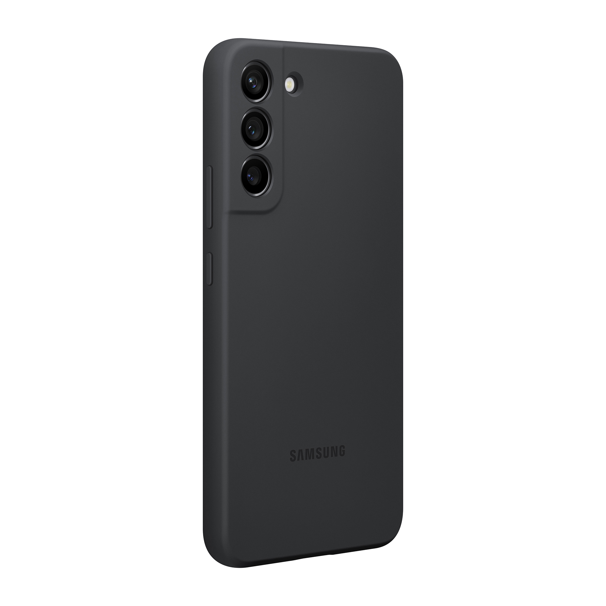 Funda negra para teléfono Samsung con tres recortes para la cámara y un logotipo de Samsung en la parte inferior.