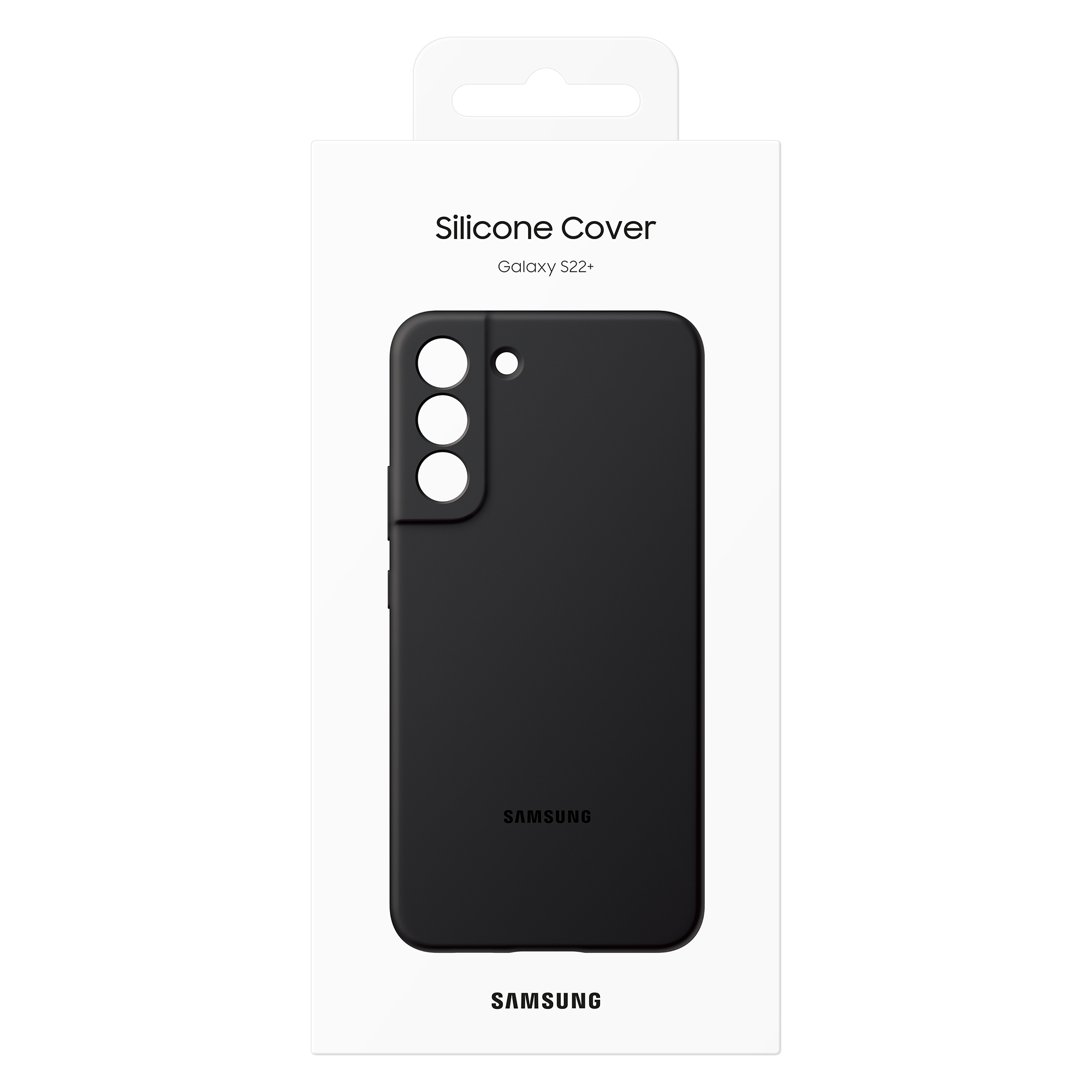 Una funda negra para teléfono en una caja blanca. La funda tiene un recorte para la cámara y el logo Samsung.