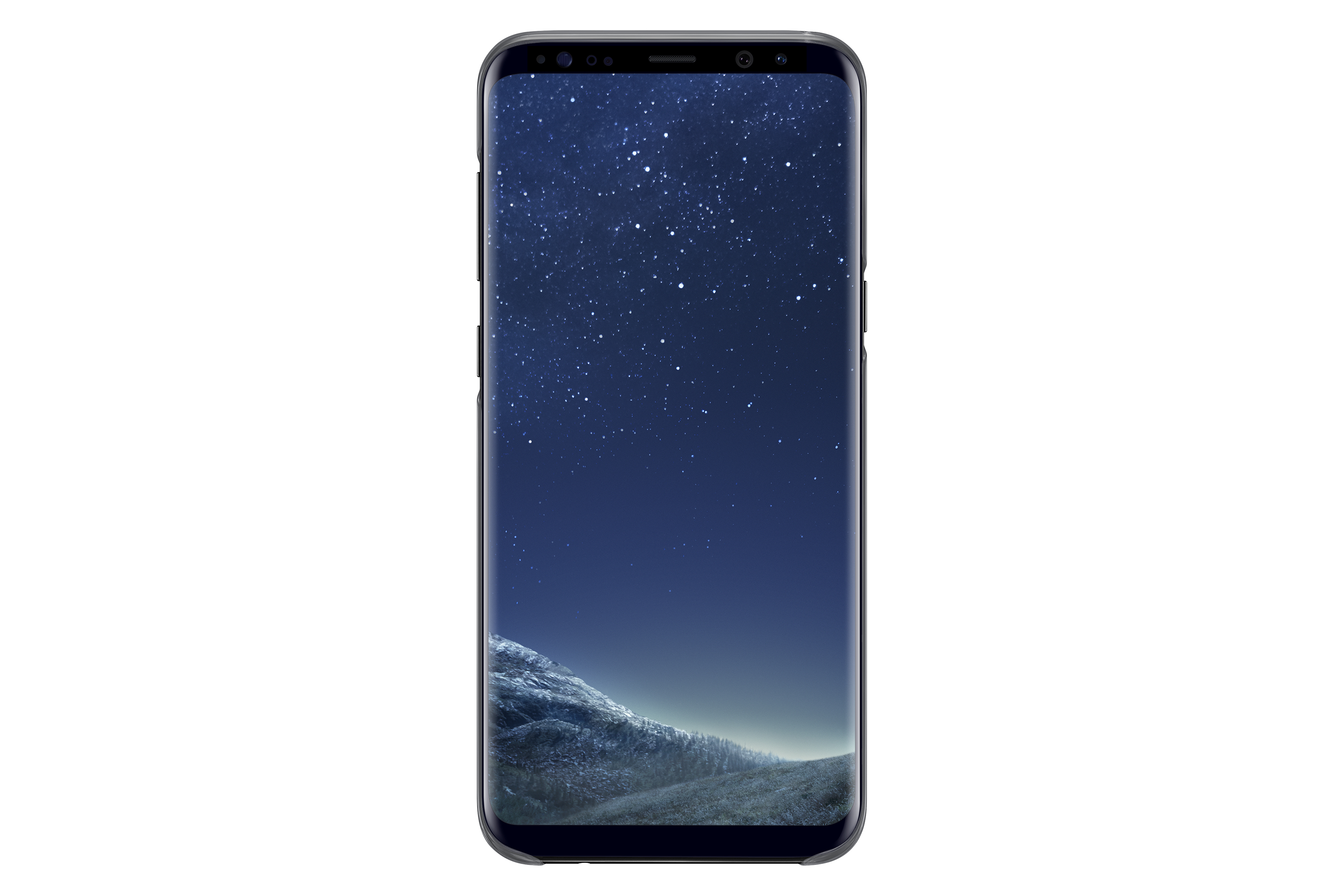 Smartphone con fondo de pantalla de cielo estrellado, aislado en fondo blanco.