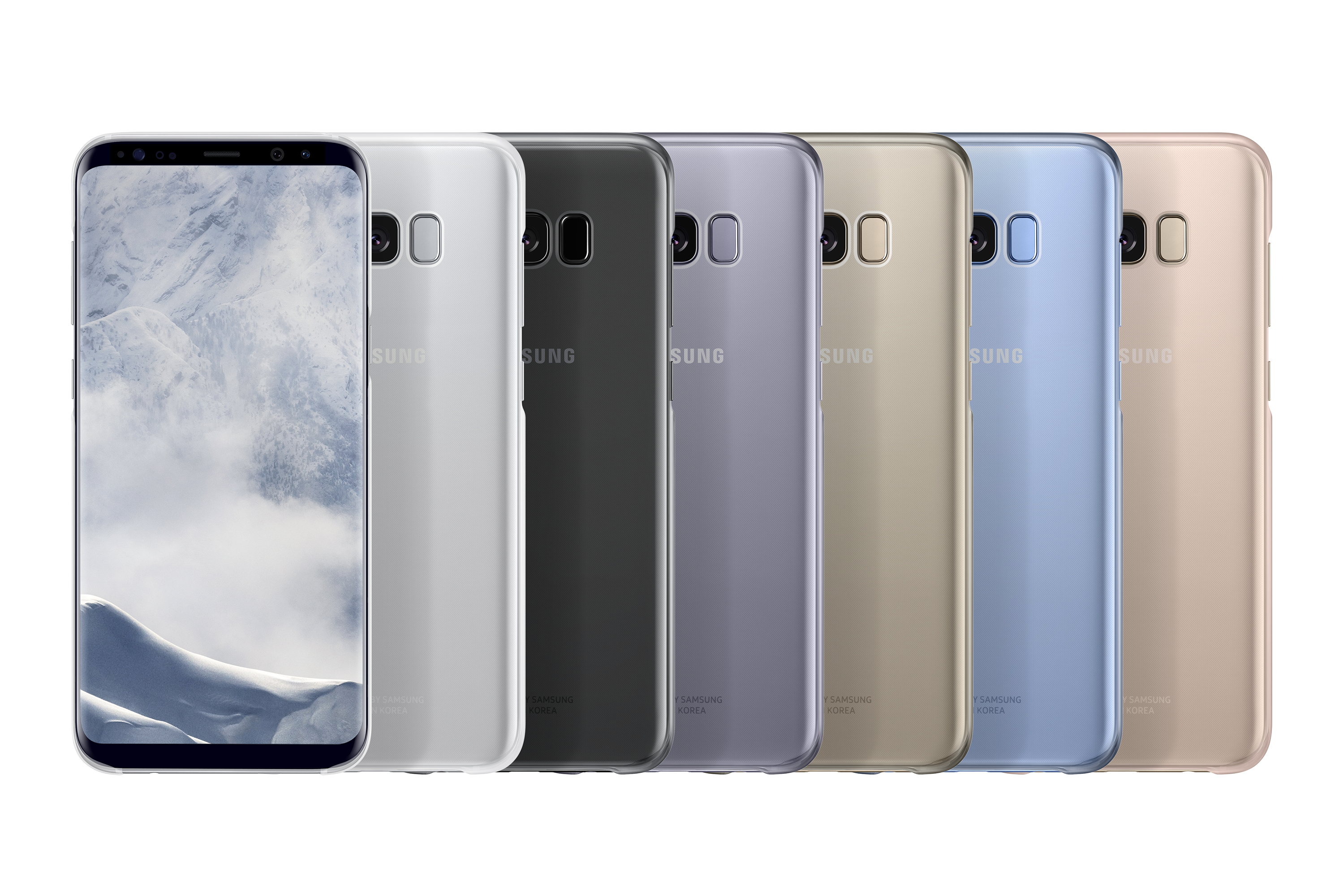 Teléfonos Samsung de varios colores. Vista frontal, ángulo a la izquierda. Los teléfonos están en fila.