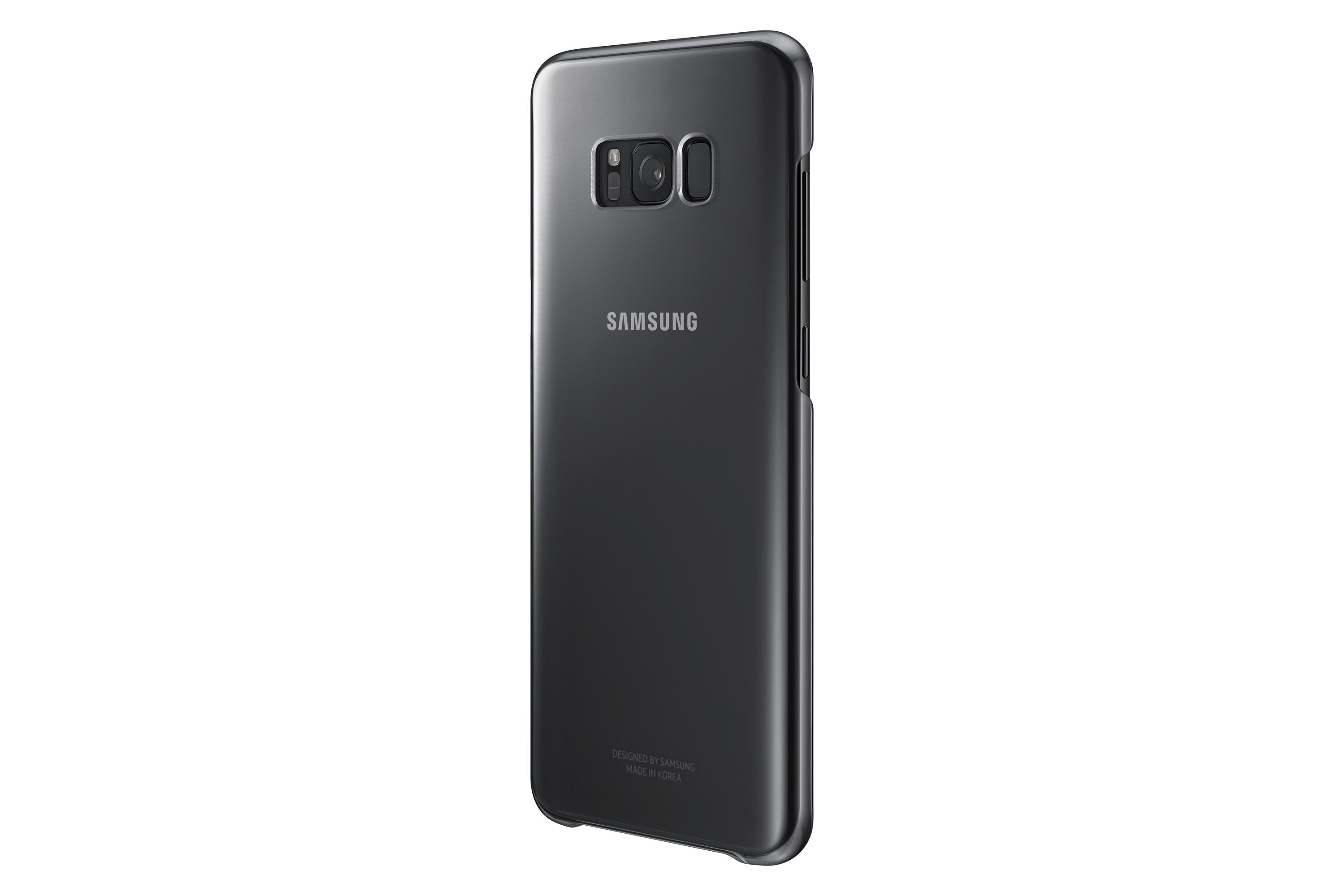 Funda de teléfono negra, vista trasera. La cámara y el logotipo de Samsung son visibles.